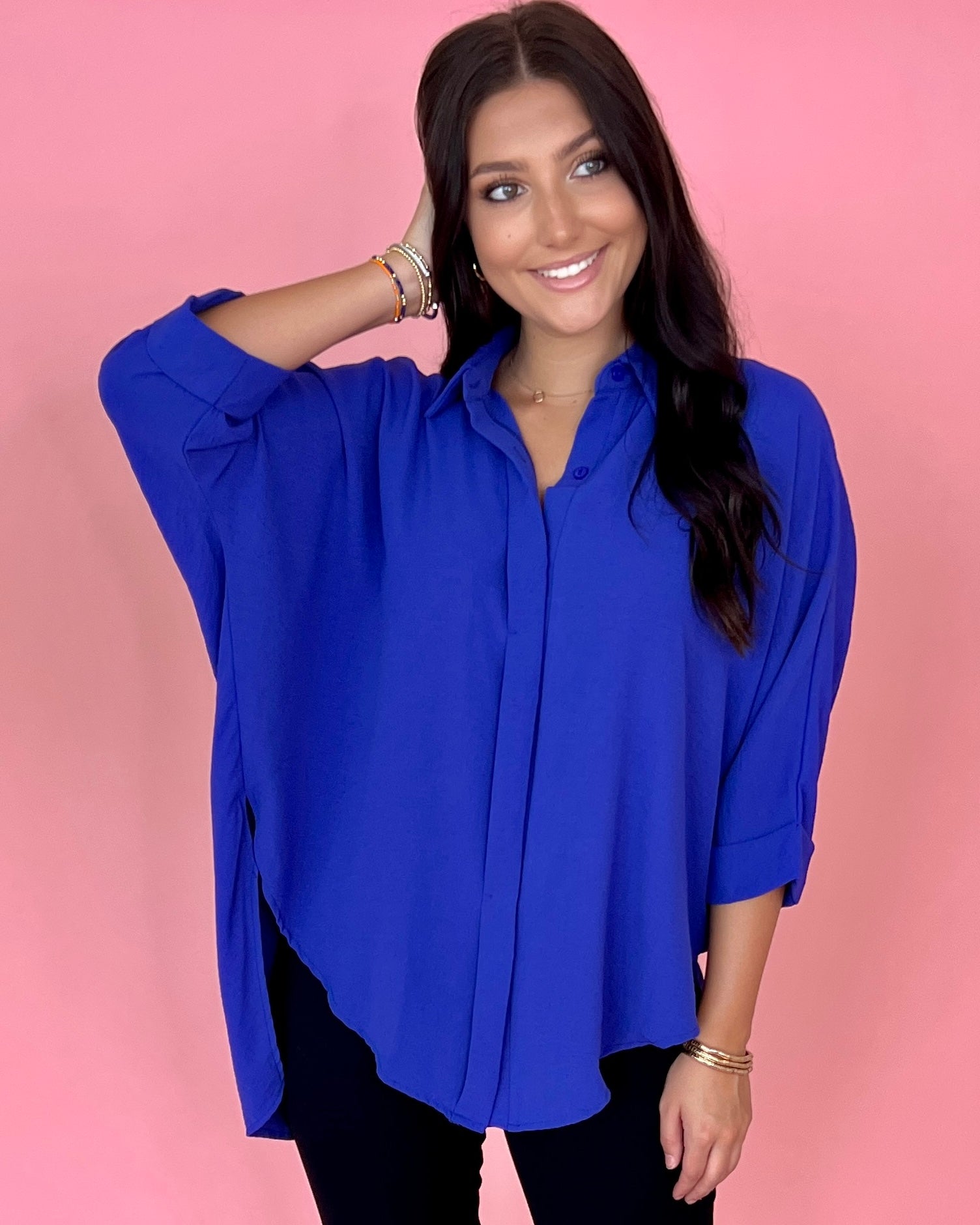 Never Letting Go Blue Purple Oversized Dolman Sleeve Collared Top-Shop-Womens-Boutique-Clothing
