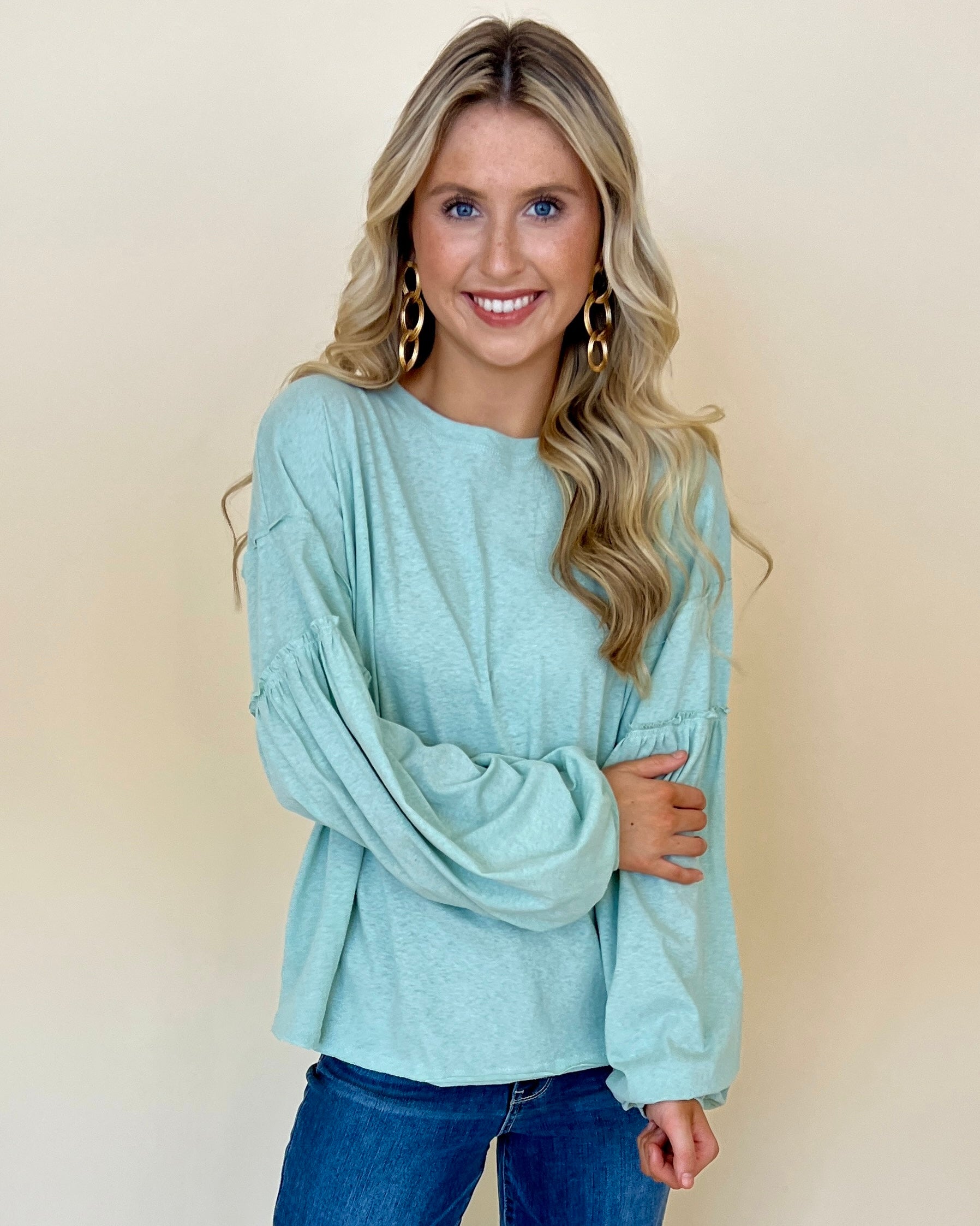 Only You Sage Blue Slub Puff Sleeve Top-Shop-Womens-Boutique-Clothing