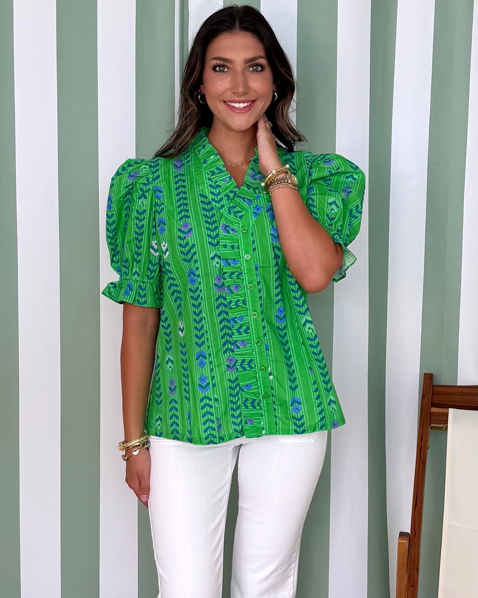Longing Glances Green Floral Print Button Top-Shop-Womens-Boutique-Clothing