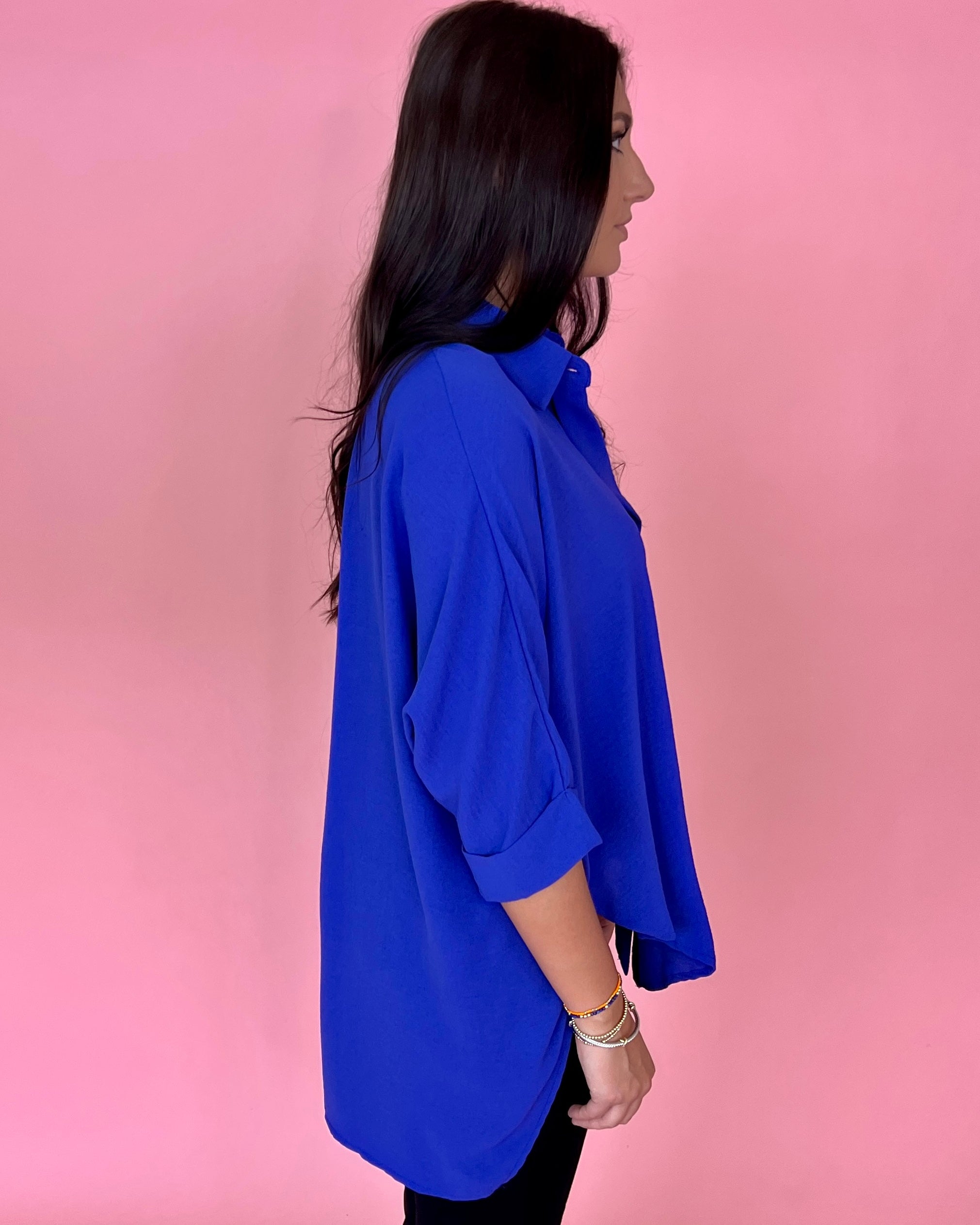 Never Letting Go Blue Purple Oversized Dolman Sleeve Collared Top-Shop-Womens-Boutique-Clothing