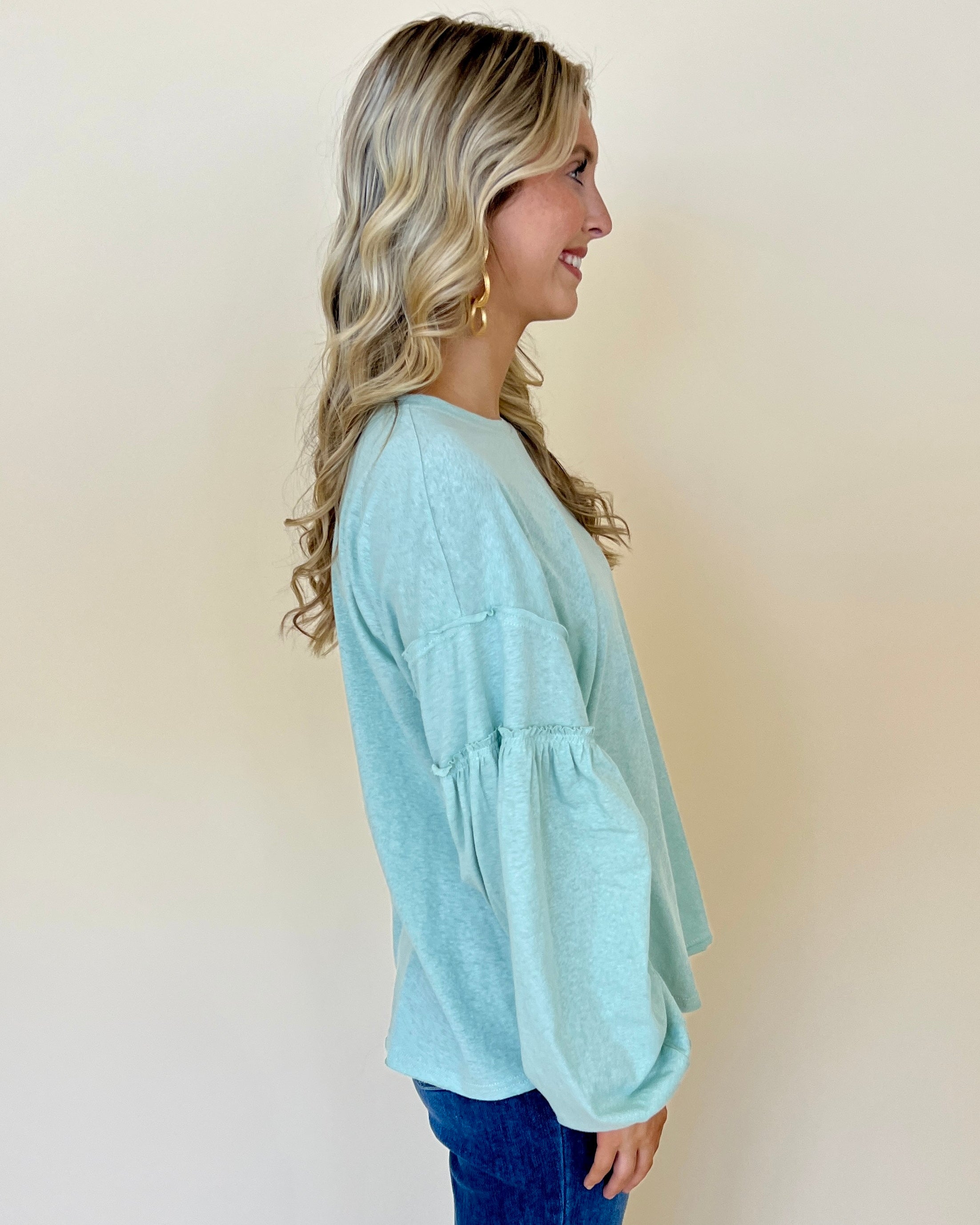 Only You Sage Blue Slub Puff Sleeve Top-Shop-Womens-Boutique-Clothing