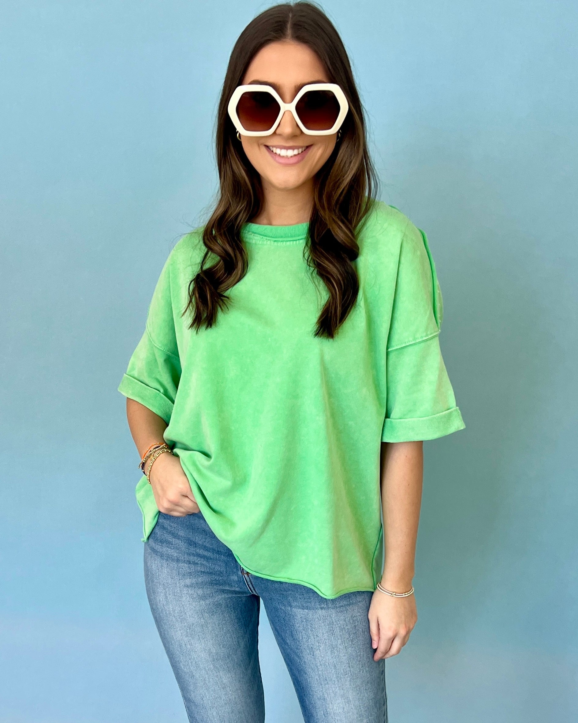 No Way Apple Green Washed Top-Shop-Womens-Boutique-Clothing