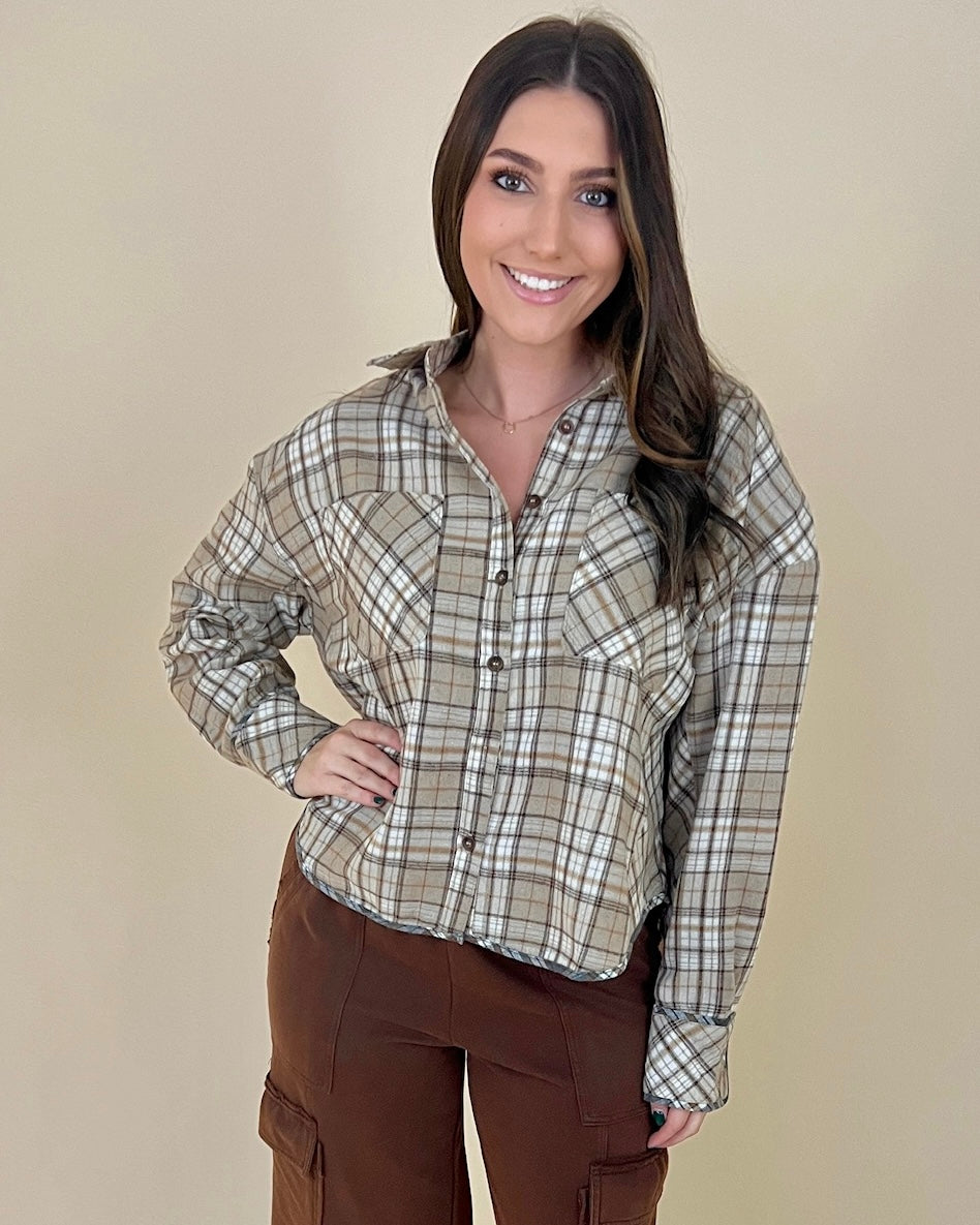 Where You Are Beige Mix Plaid Flannel Top-Shop-Womens-Boutique-Clothing