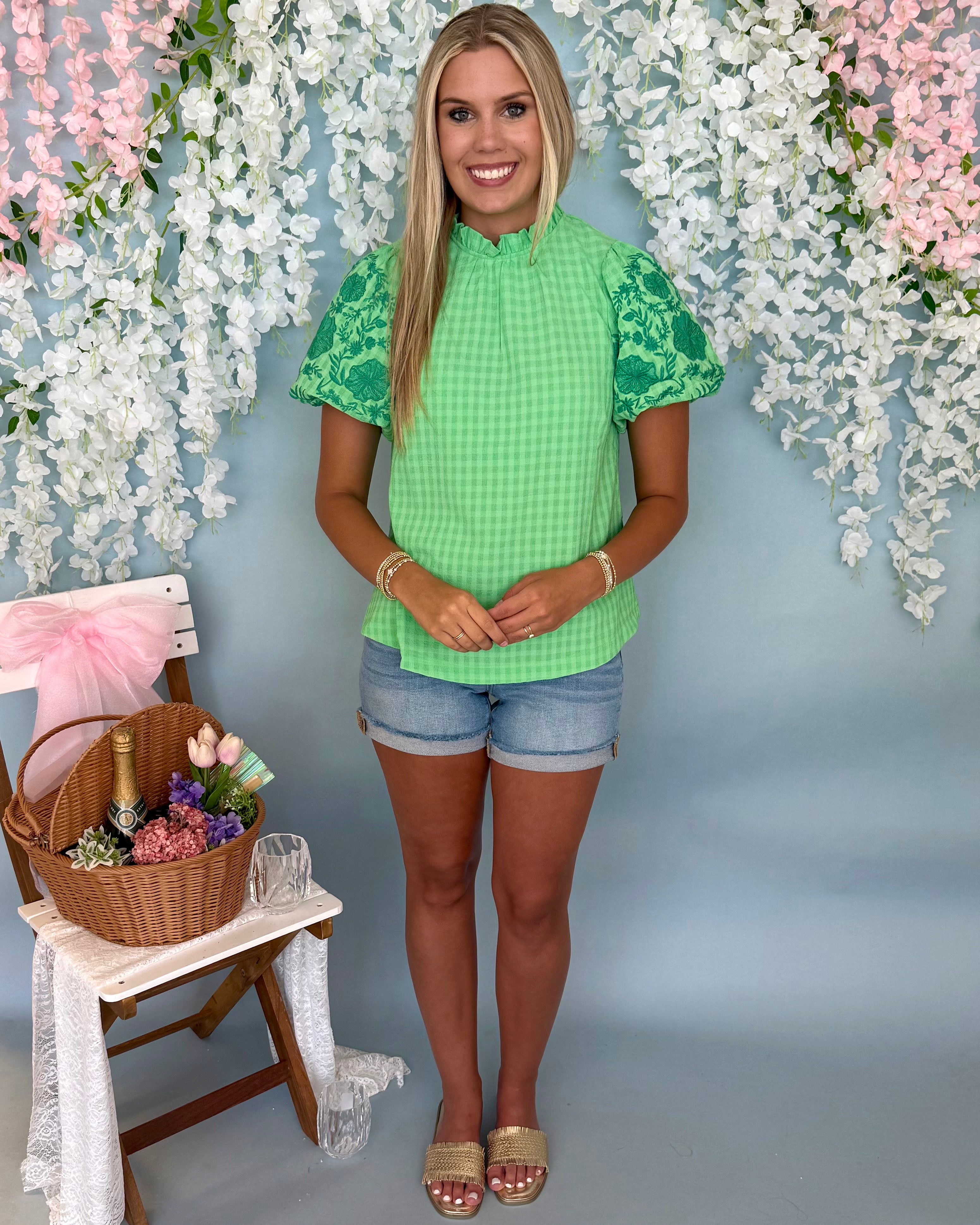 All Too Well Apple Green Embroidered Puff Sleeve Top-Shop-Womens-Boutique-Clothing