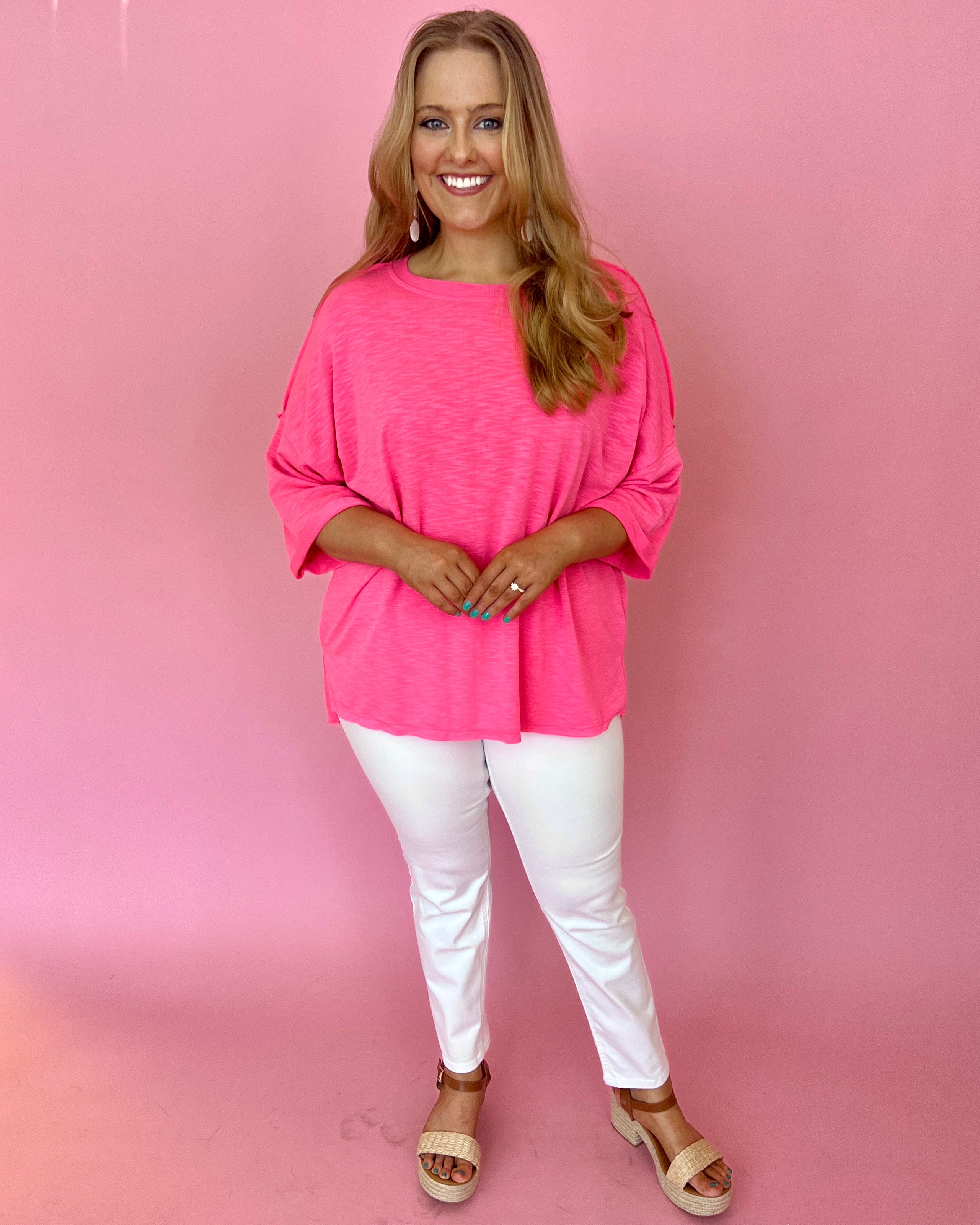 Having Mixed Feelings Neon Pink Plus Two Tone French Terry Top-Shop-Womens-Boutique-Clothing