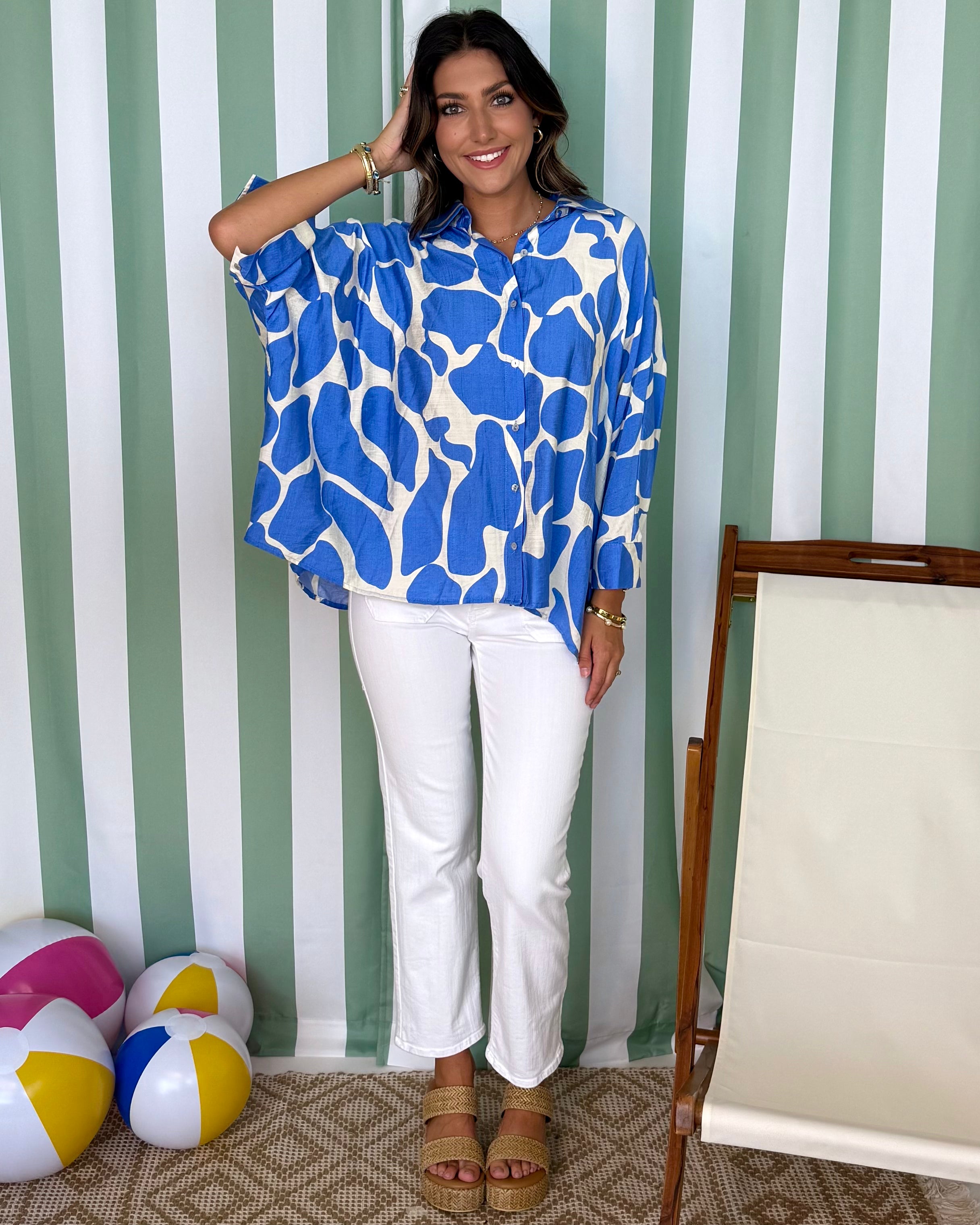Feeling Alive Cerulean Abstract Button Top-Shop-Womens-Boutique-Clothing