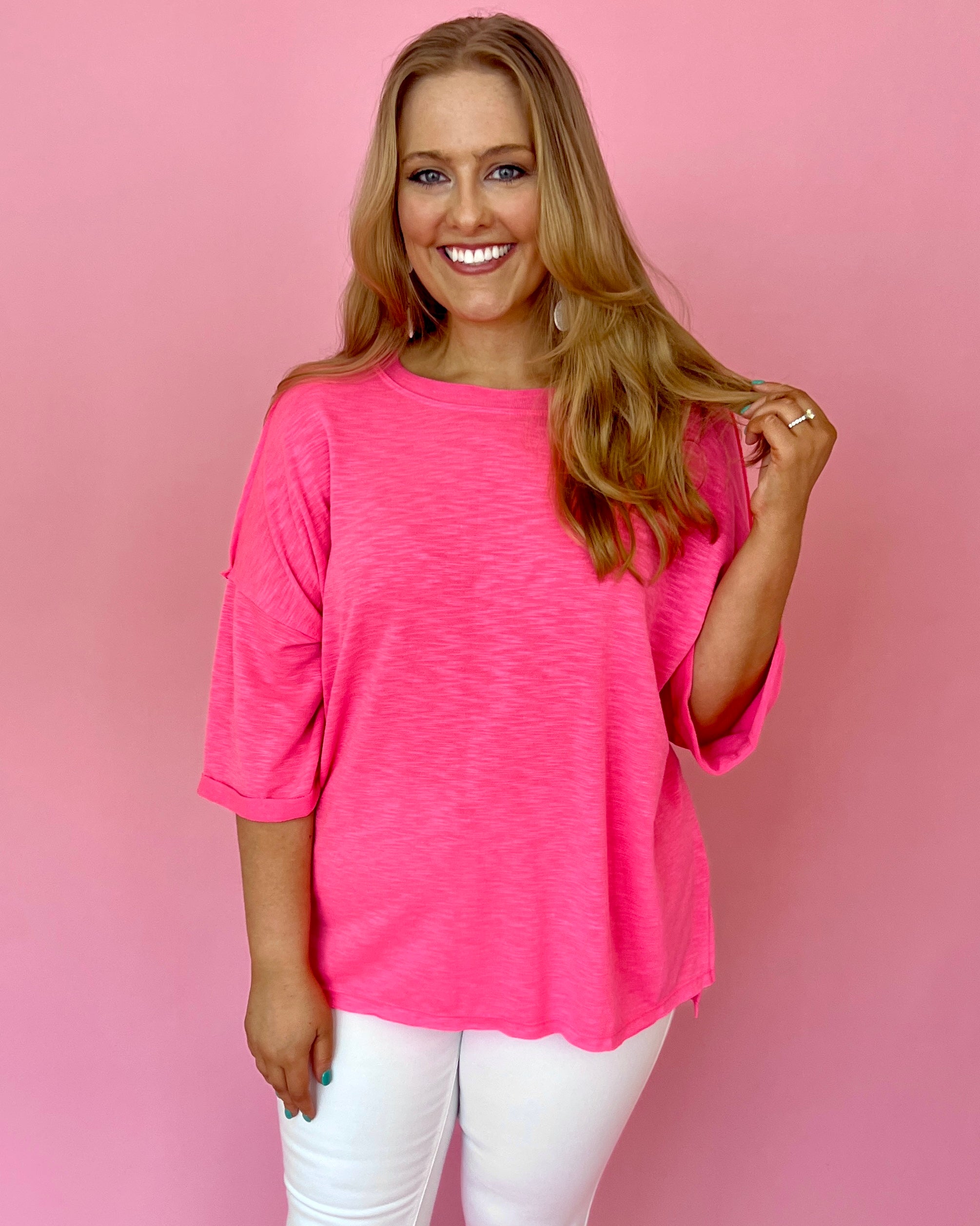 Having Mixed Feelings Neon Pink Plus Two Tone French Terry Top-Shop-Womens-Boutique-Clothing
