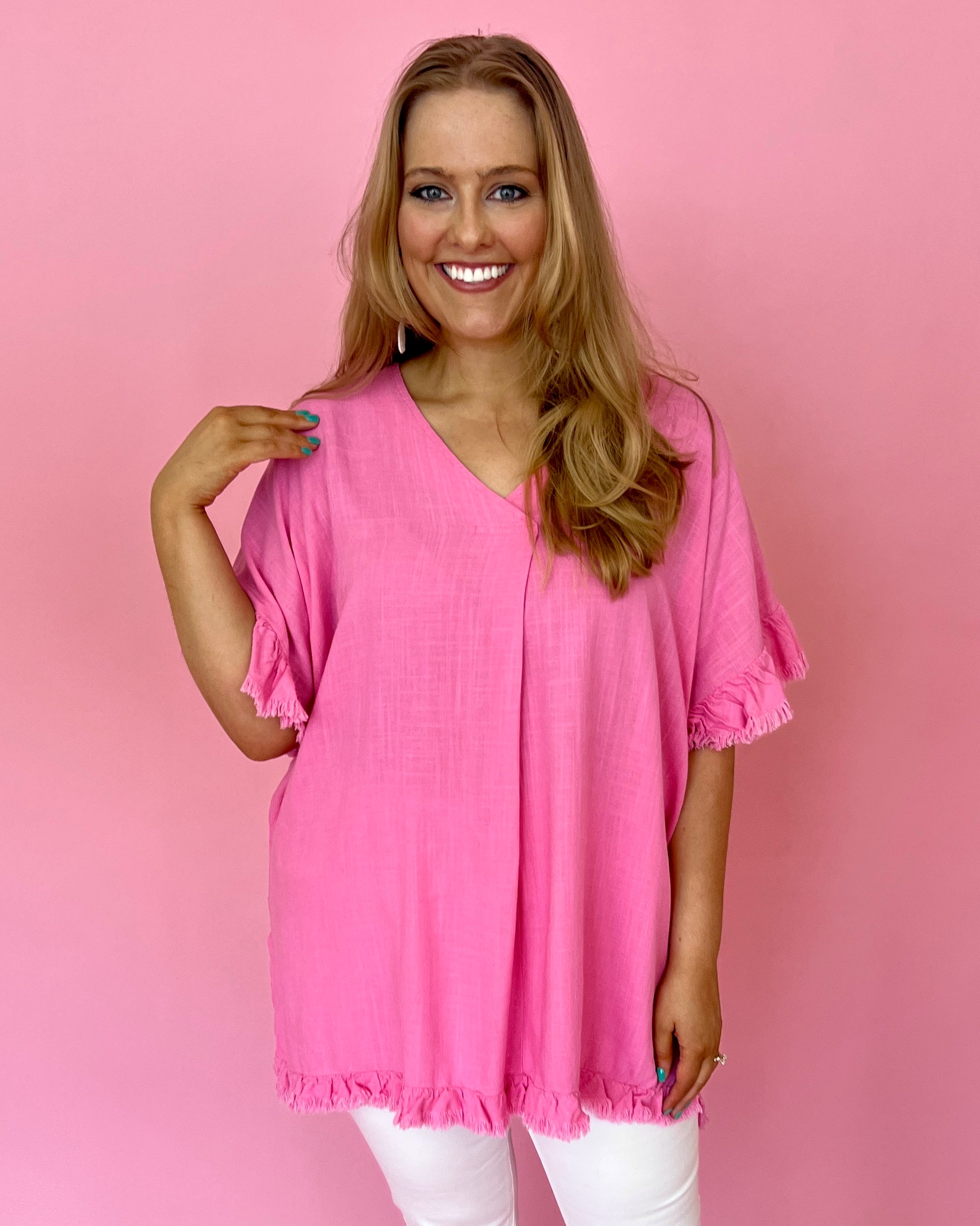 So Romantic Bubble Pink Plus Linen Top-Shop-Womens-Boutique-Clothing