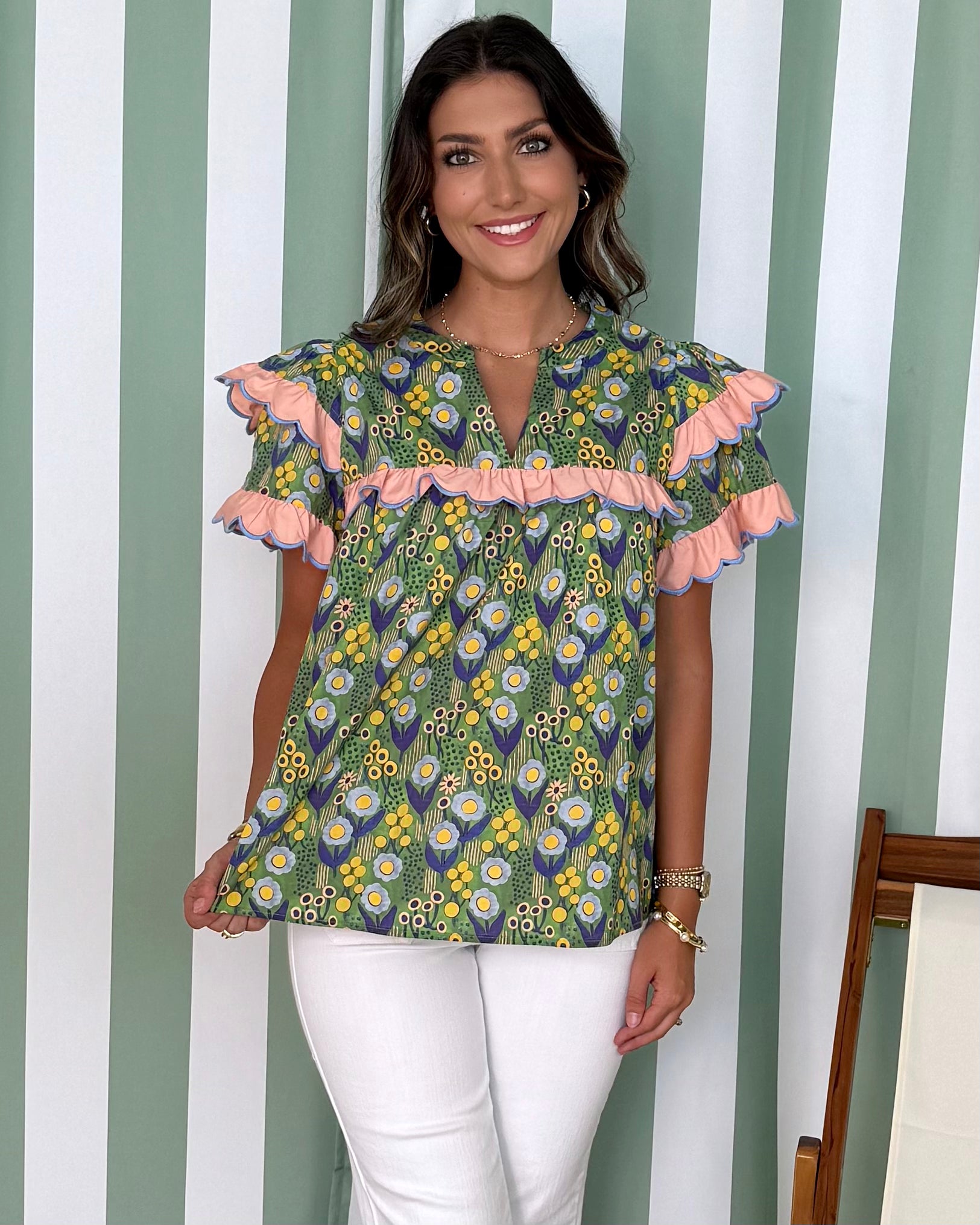 Full Bloom Green Floral Ruffle Top-Shop-Womens-Boutique-Clothing