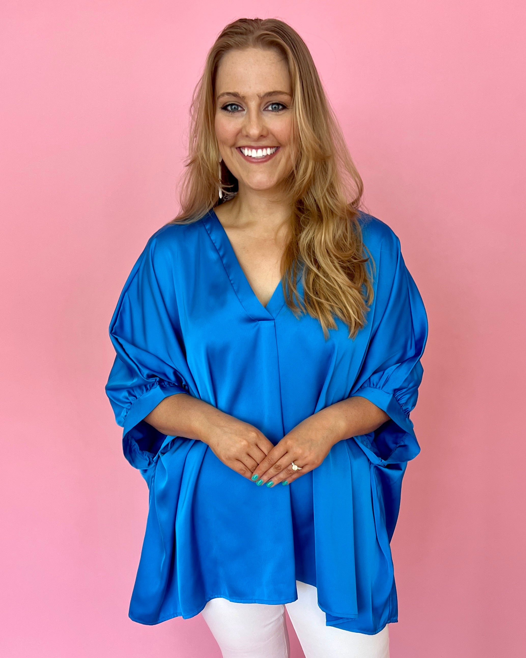 Spring Fling French Blue Plus Satin Dolman Sleeve Top-Shop-Womens-Boutique-Clothing