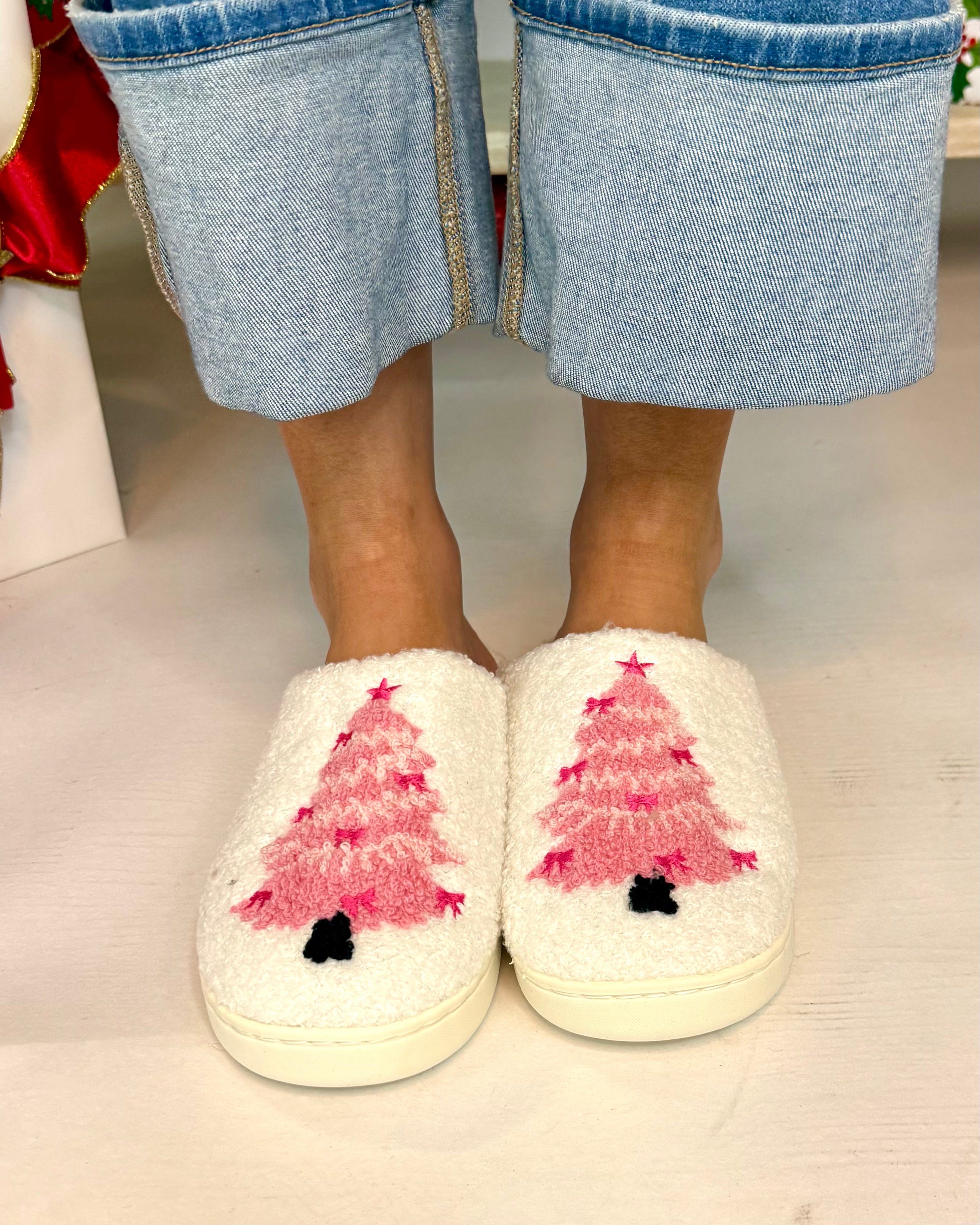 Xmas Tree Pink Soft Plush Slippers-Shop-Womens-Boutique-Clothing