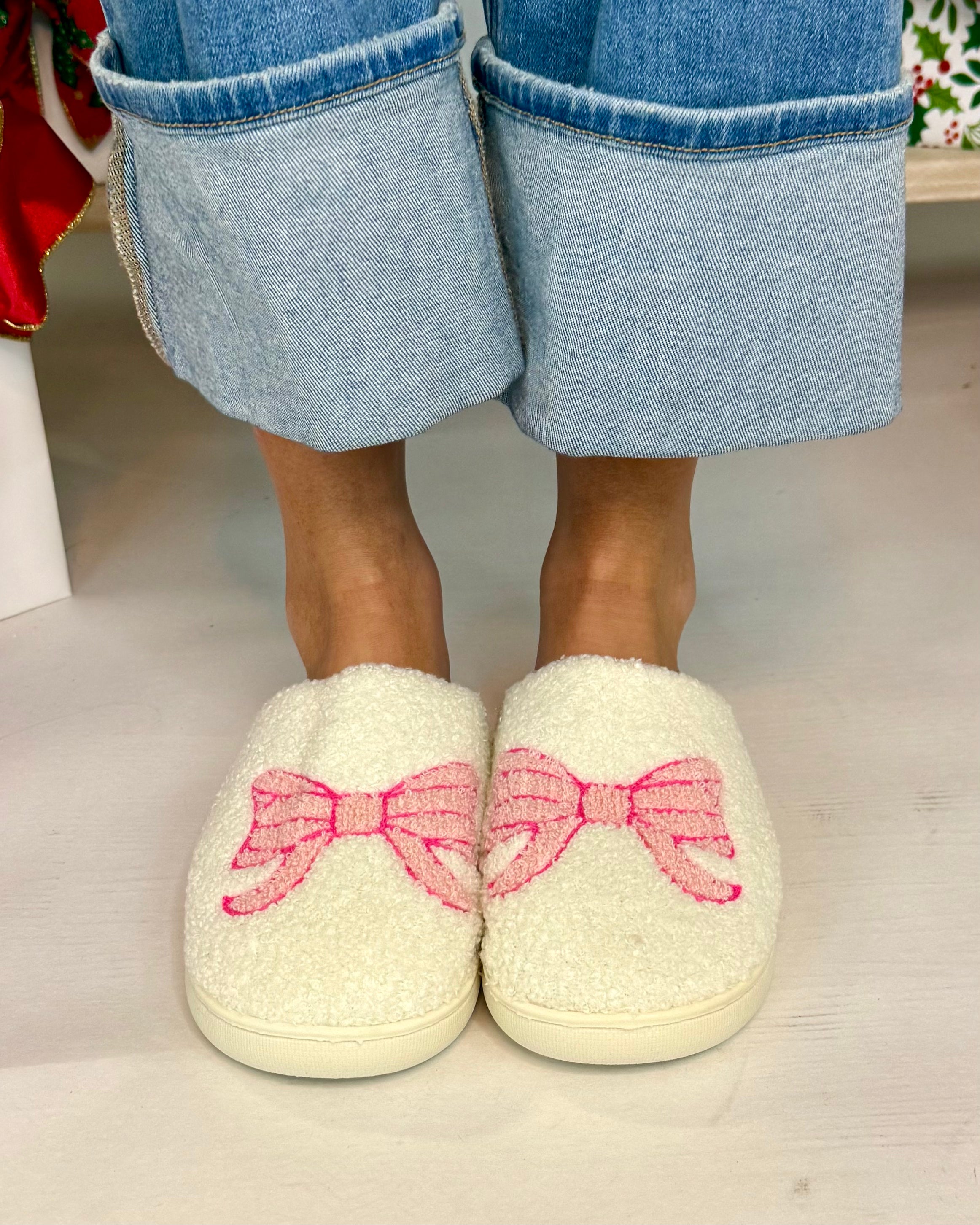 Bow Pink Soft Plush Slippers-Shop-Womens-Boutique-Clothing