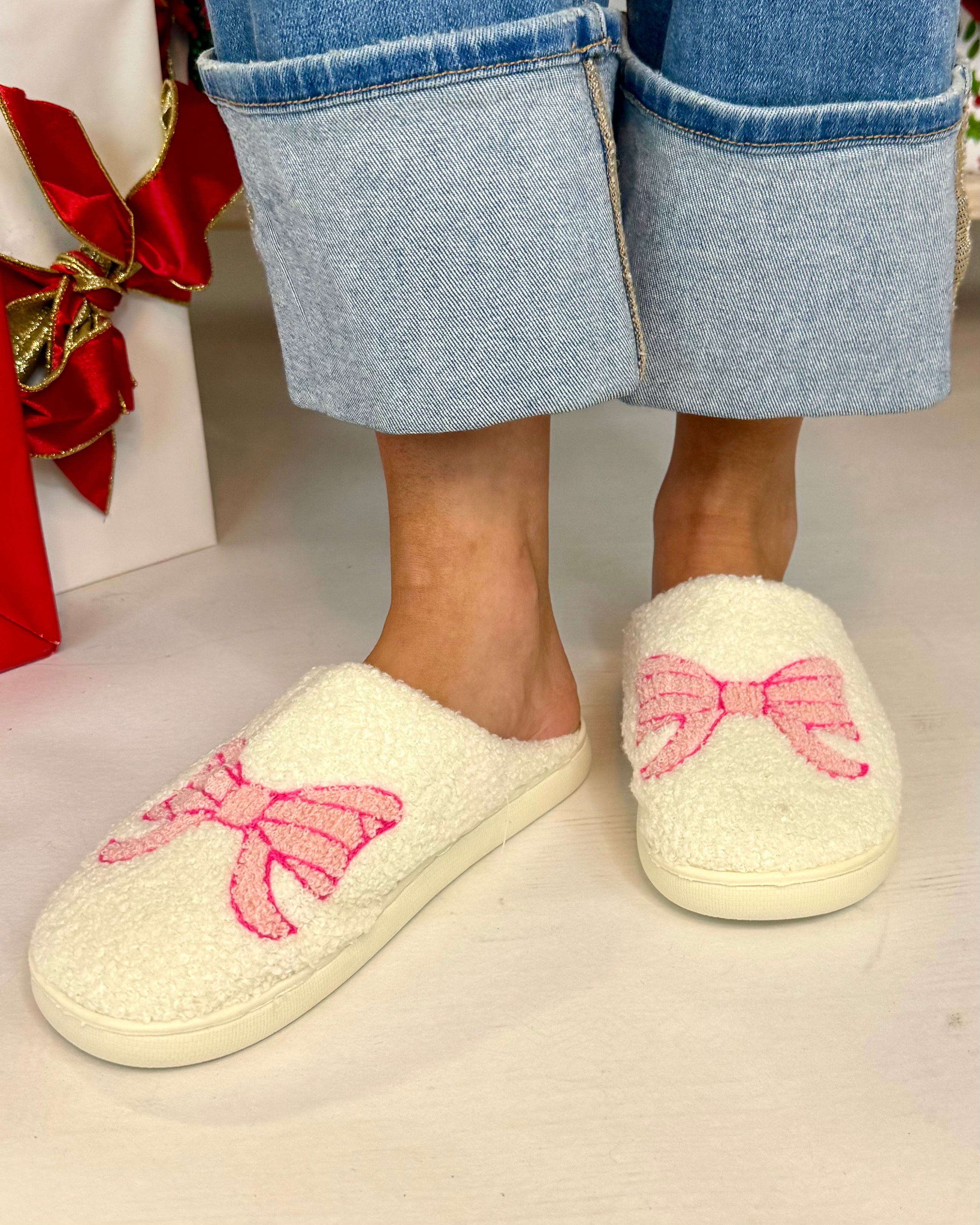 Bow Pink Soft Plush Slippers-Shop-Womens-Boutique-Clothing