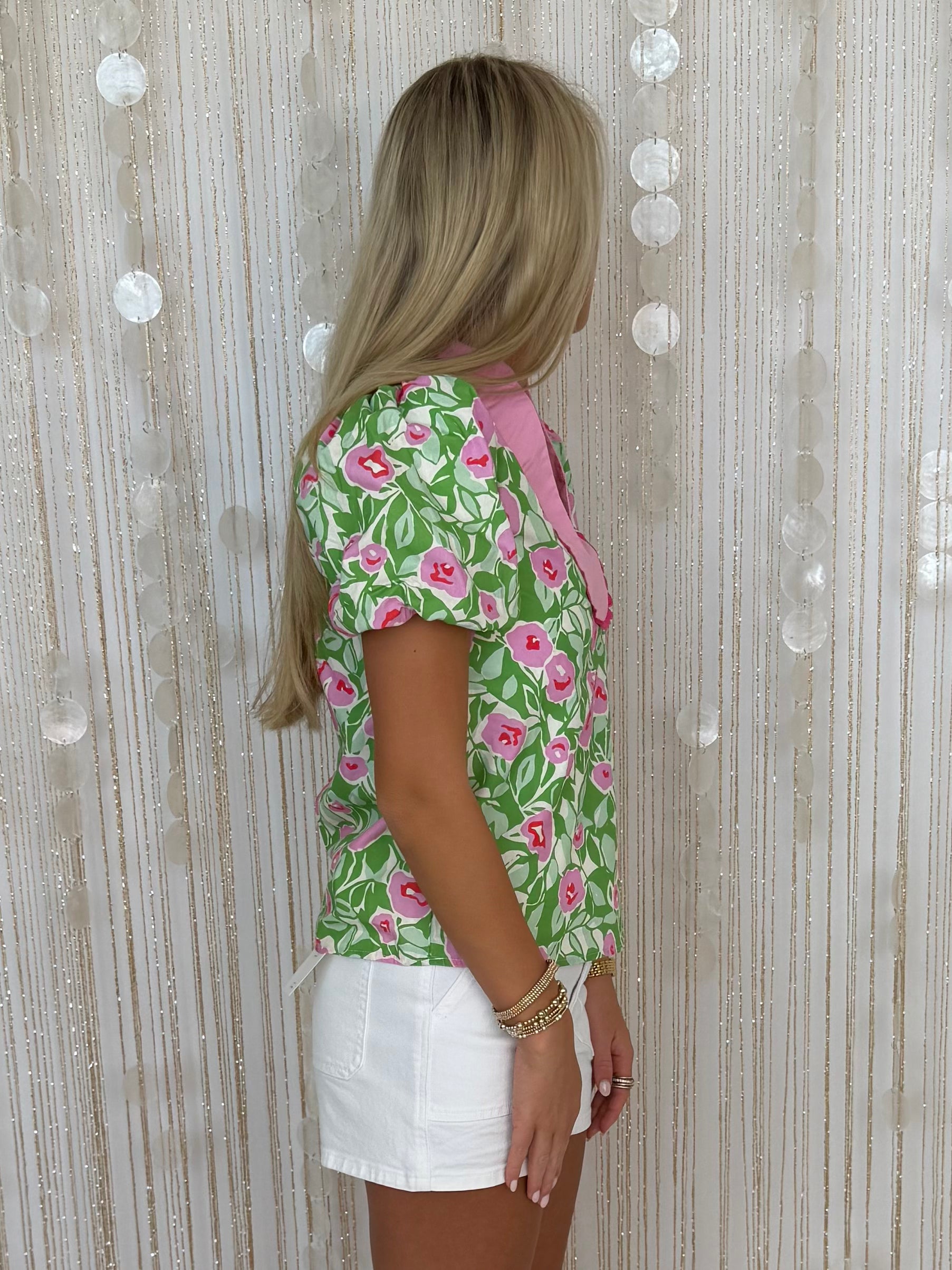 Bistro Charm Green Floral Split Neck Top-Shop-Womens-Boutique-Clothing