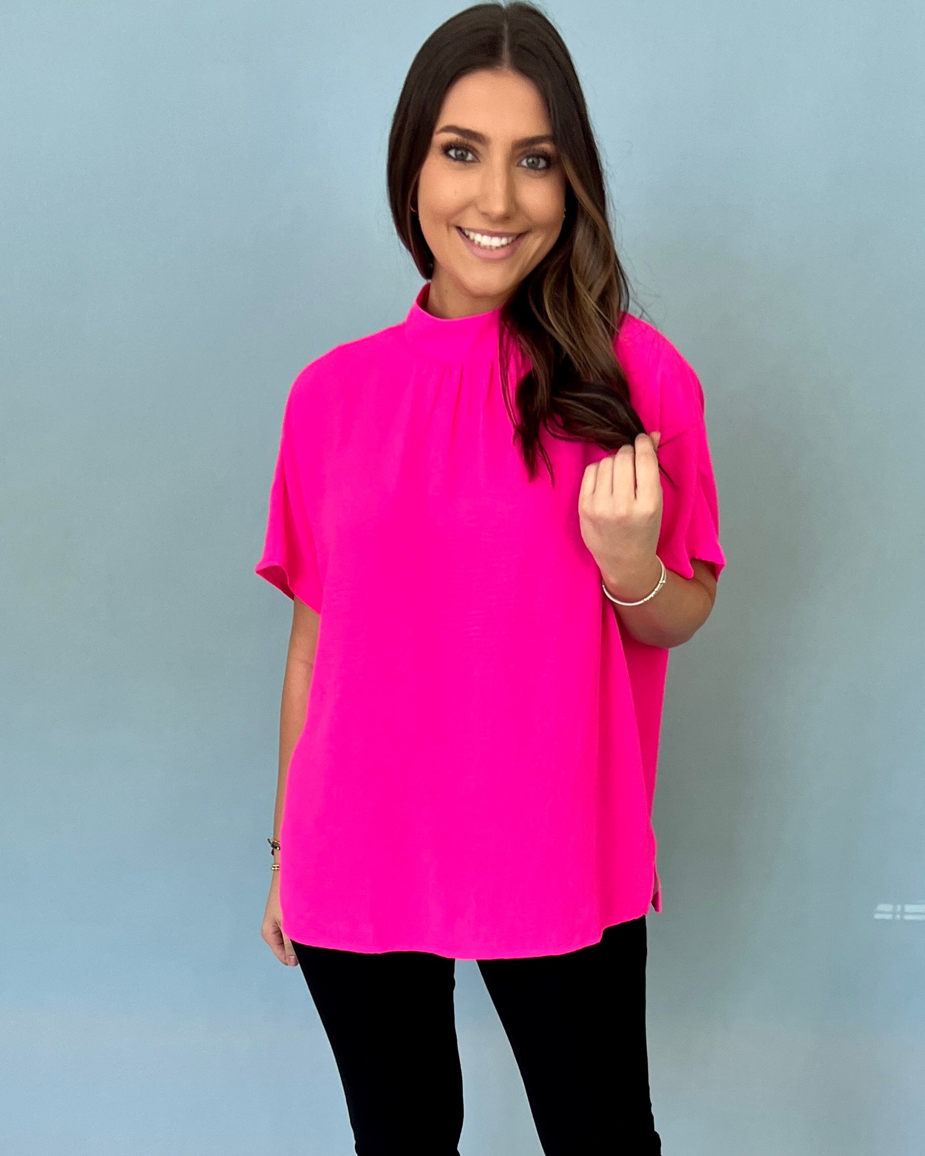 Look Out Hot Pink Mock Neck Top-Shop-Womens-Boutique-Clothing