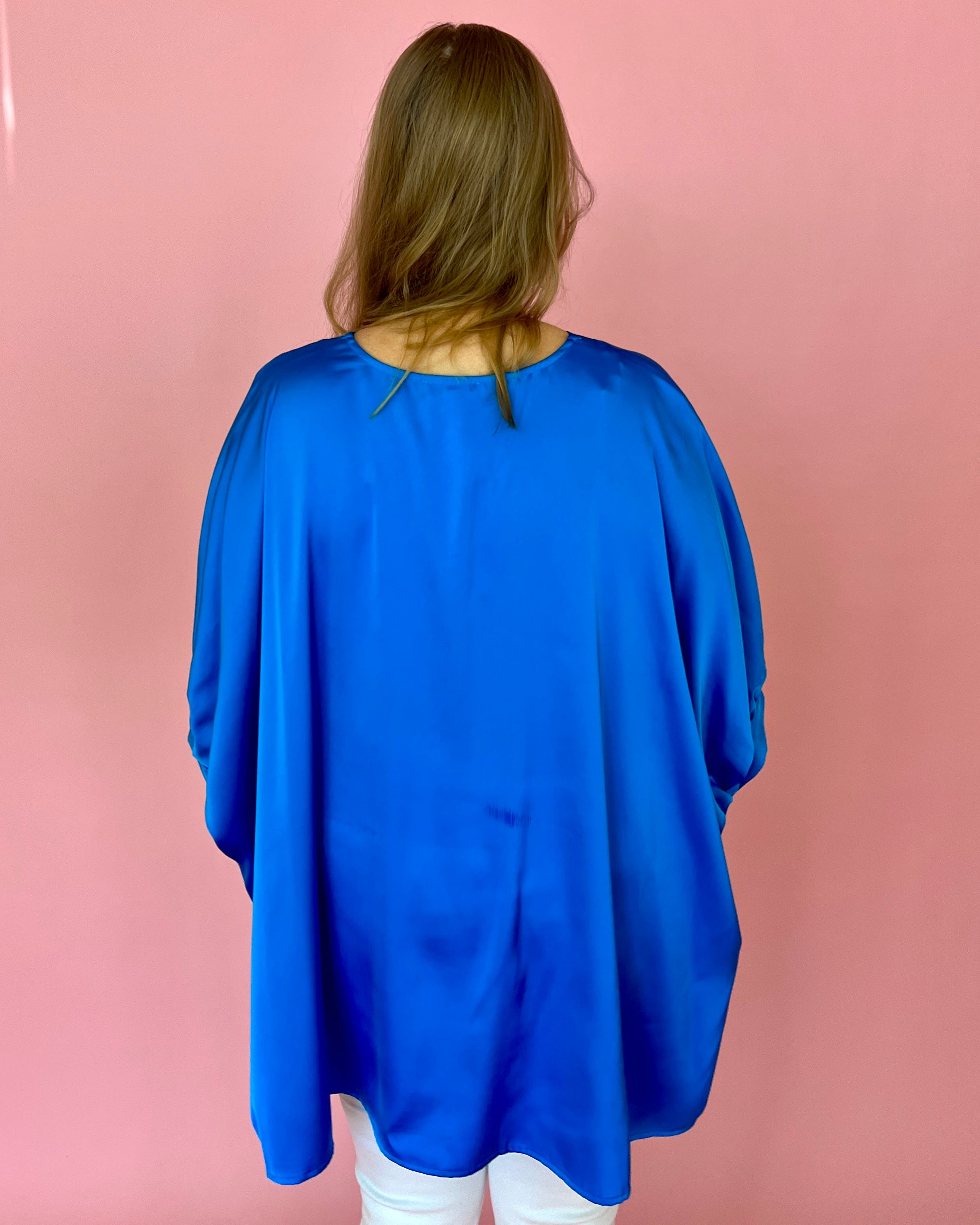 Spring Fling French Blue Plus Satin Dolman Sleeve Top-Shop-Womens-Boutique-Clothing