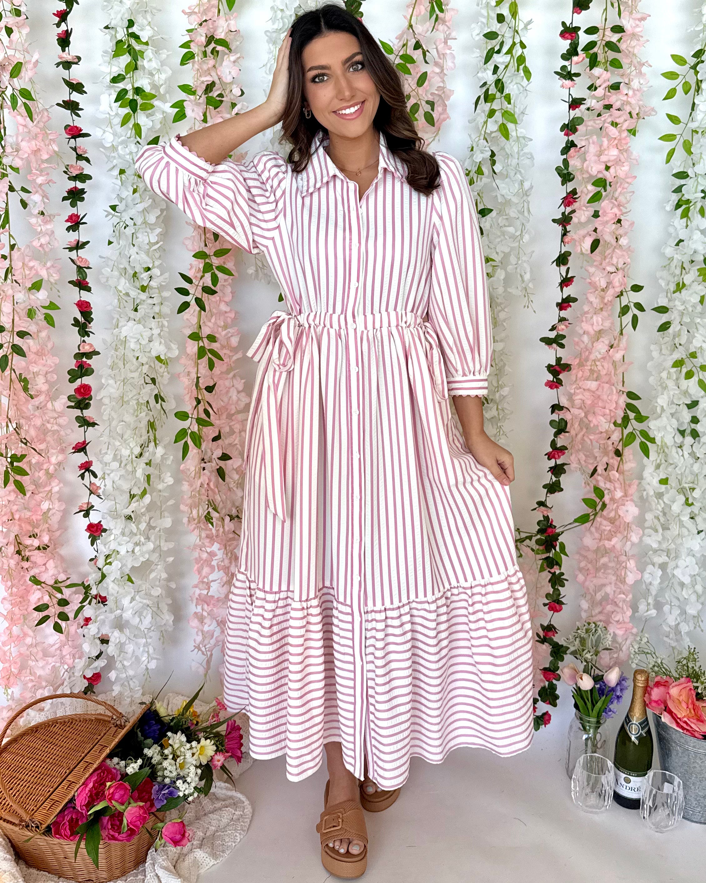 A Feeling Pink Stripe Tie Midi Dress-Shop-Womens-Boutique-Clothing