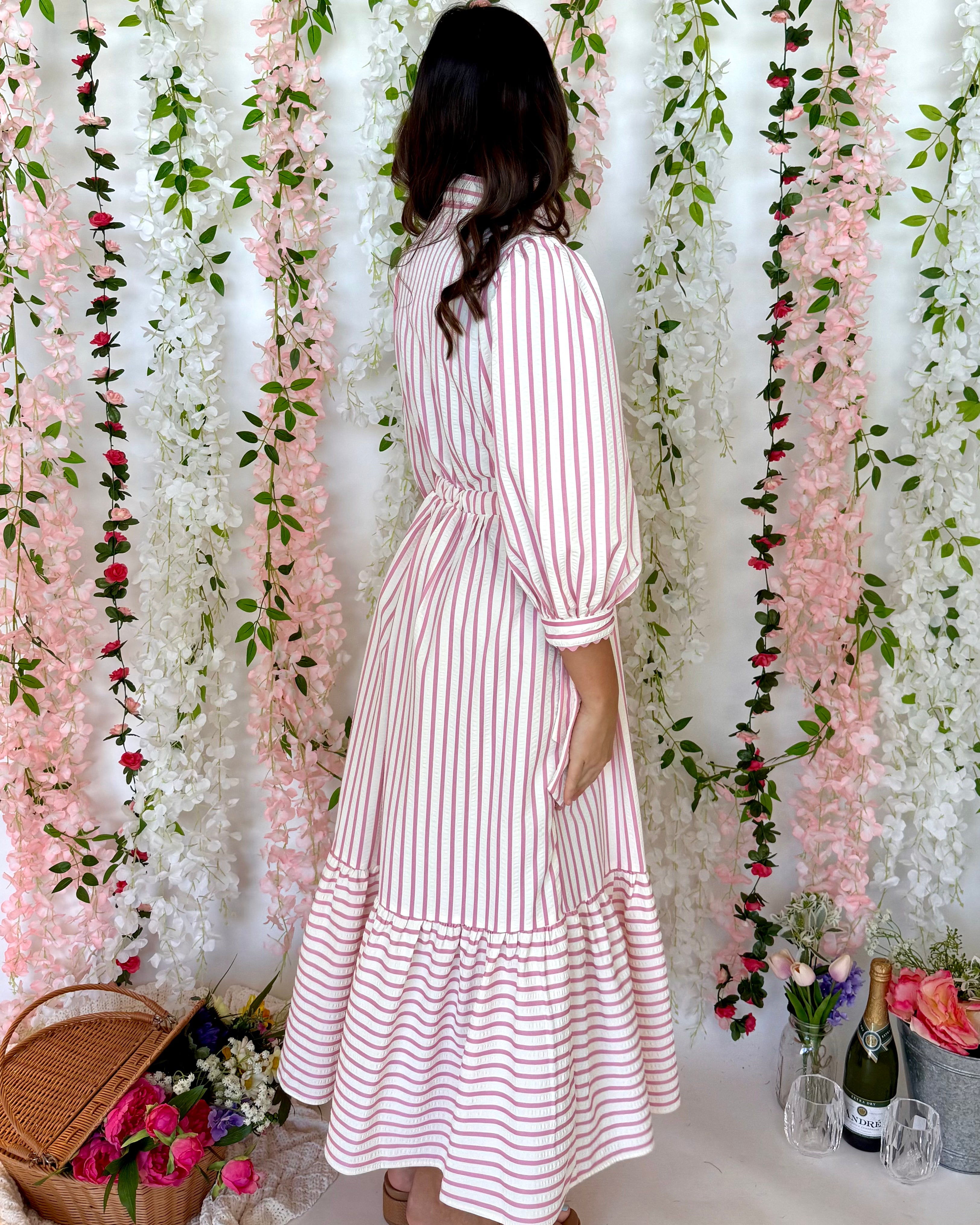 A Feeling Pink Stripe Tie Midi Dress-Shop-Womens-Boutique-Clothing