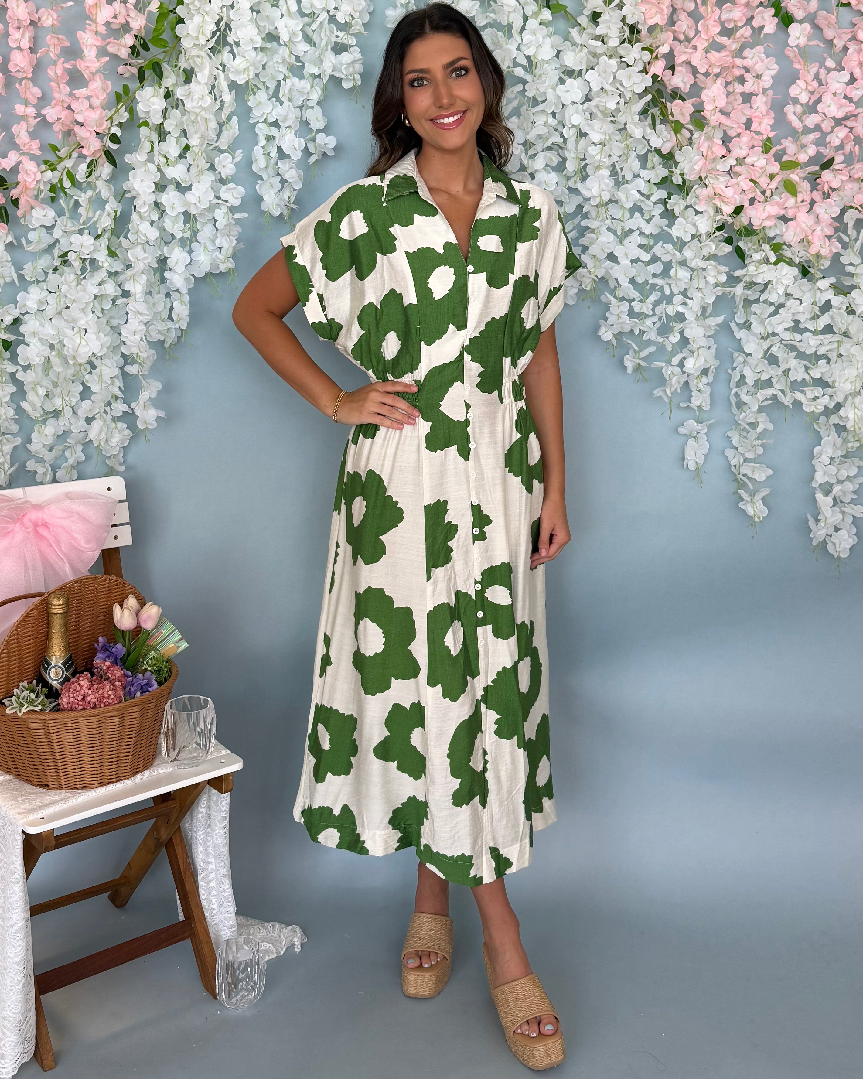 Closing Time Green Floral Button Midi Dress-Shop-Womens-Boutique-Clothing