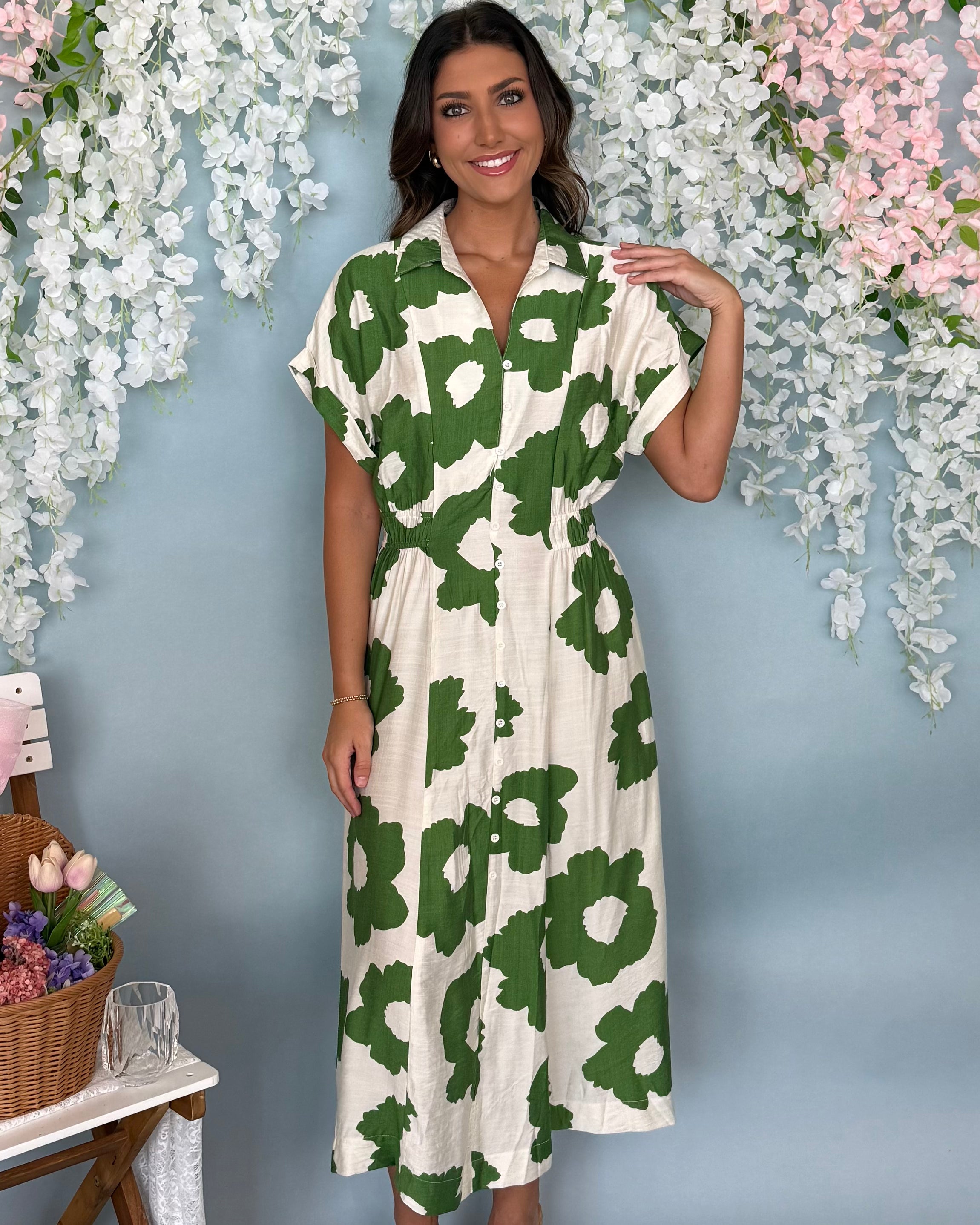 Closing Time Green Floral Button Midi Dress-Shop-Womens-Boutique-Clothing