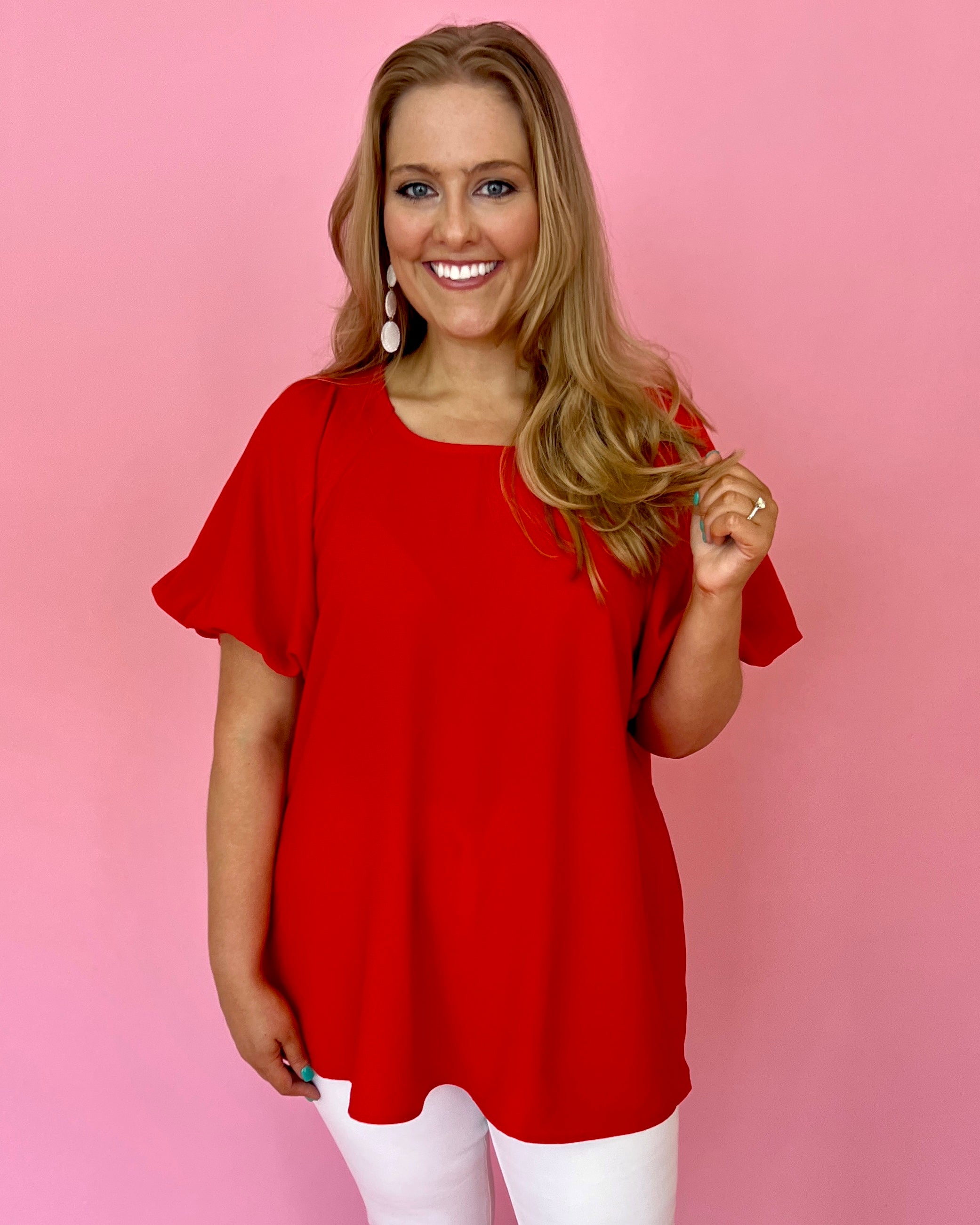 My Dearest Darling Tomato Red Plus Puff Sleeve Round Neck Top-Shop-Womens-Boutique-Clothing