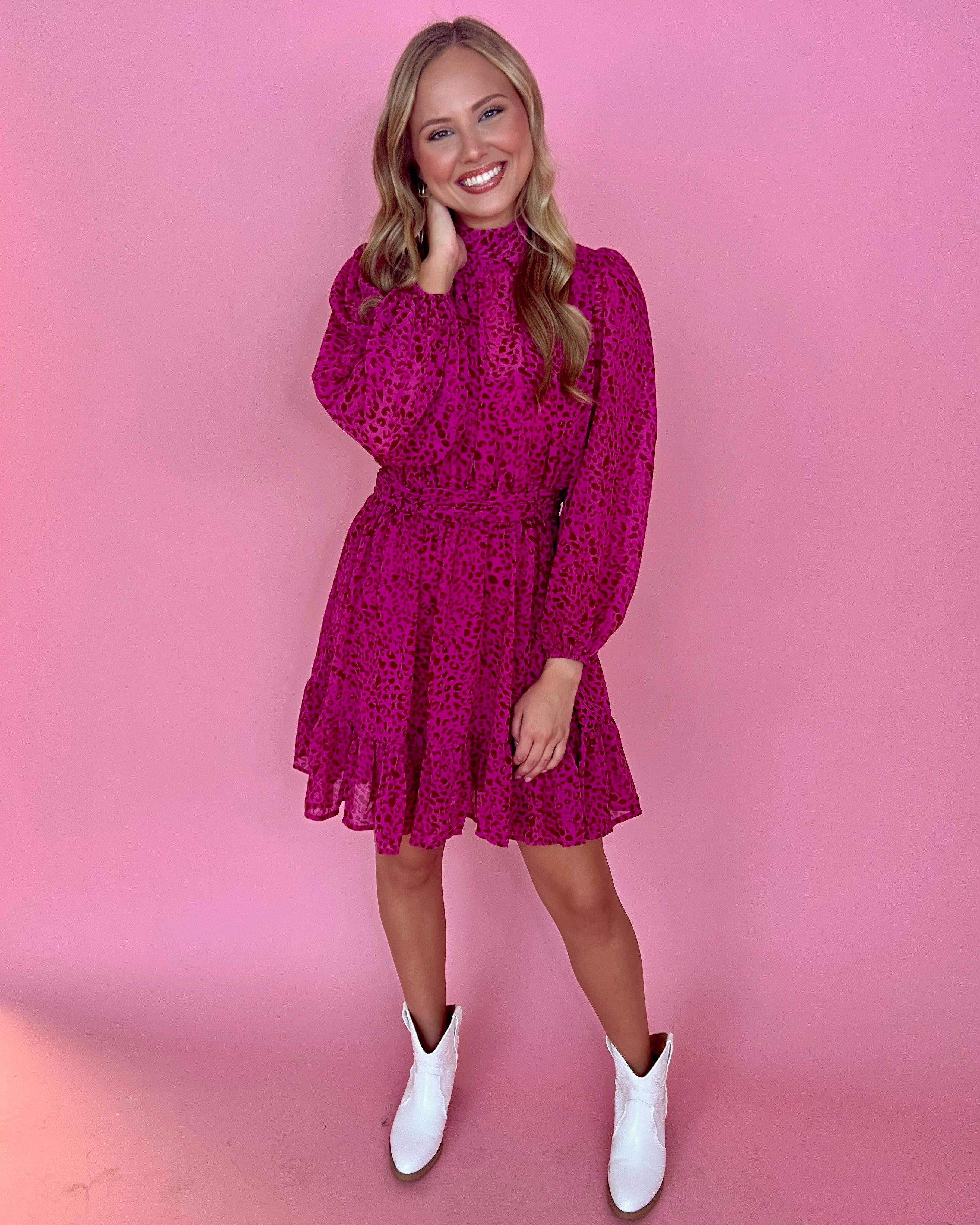Wild About You Dk Magenta Printed High Neck Dress-Shop-Womens-Boutique-Clothing