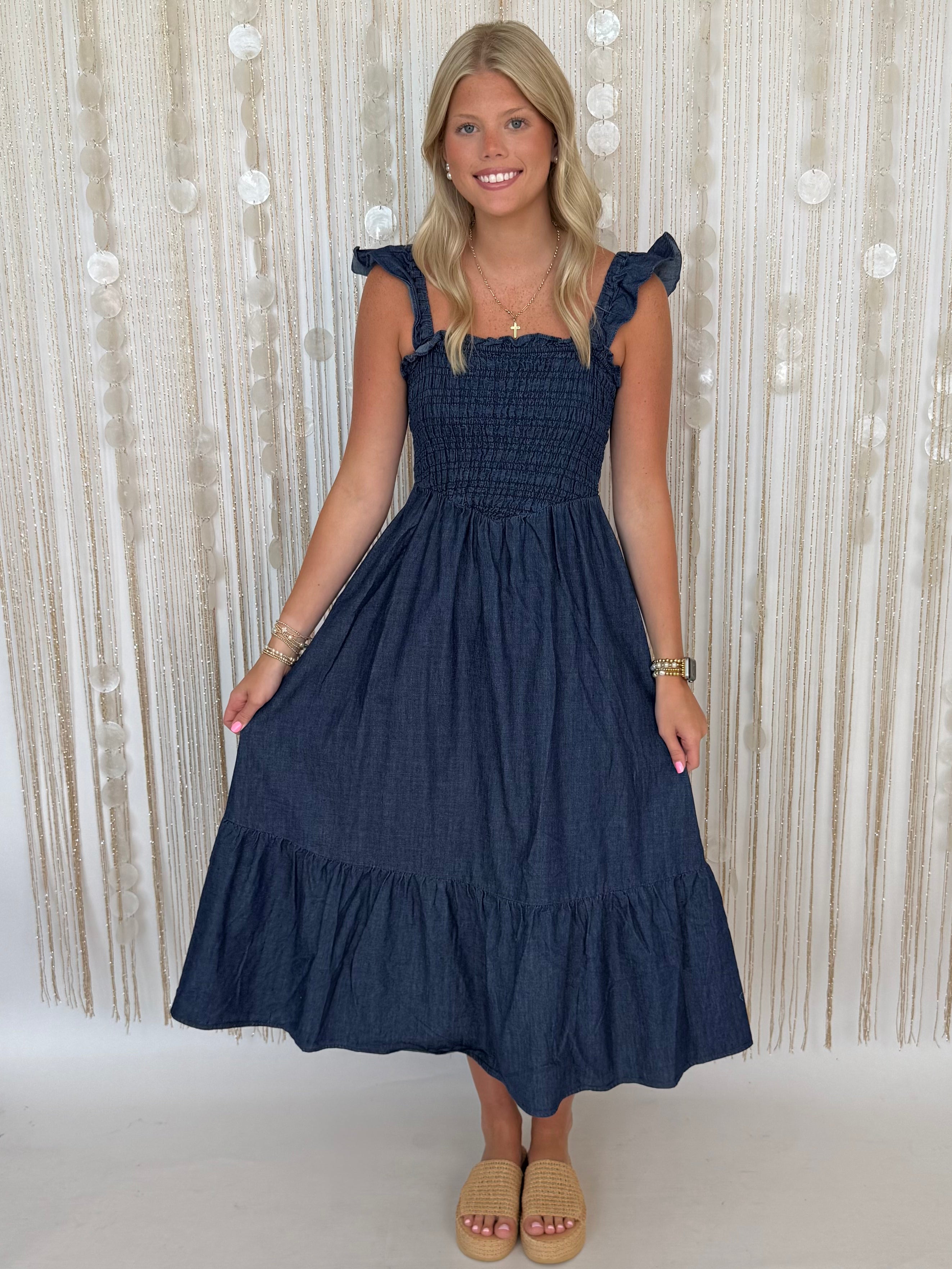 BLU Dark Denim Ruffle Strap Smocked Midi Dress-Shop-Womens-Boutique-Clothing
