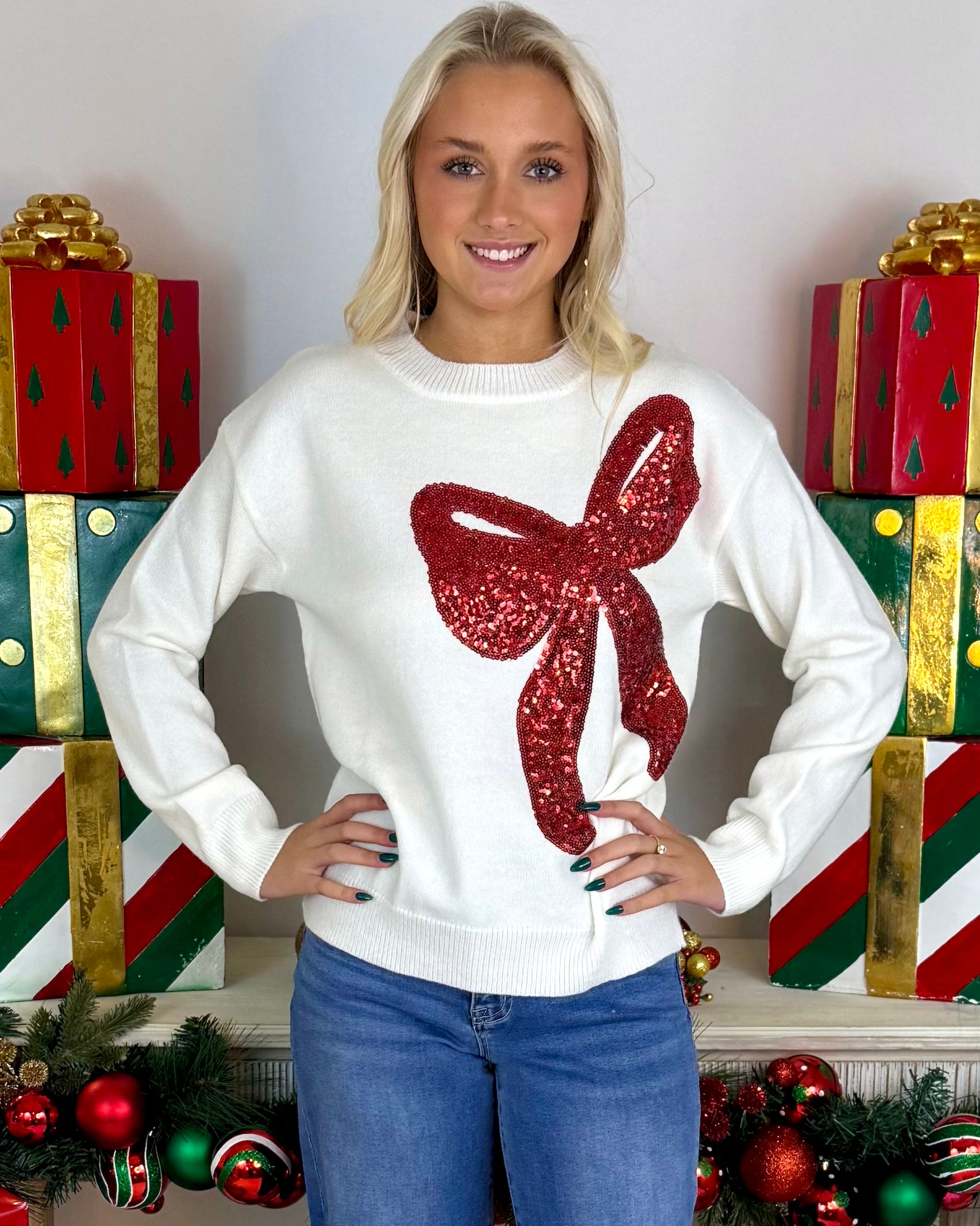 Know You Best Ivory/Red Sequin Ribbon Sweater-Shop-Womens-Boutique-Clothing