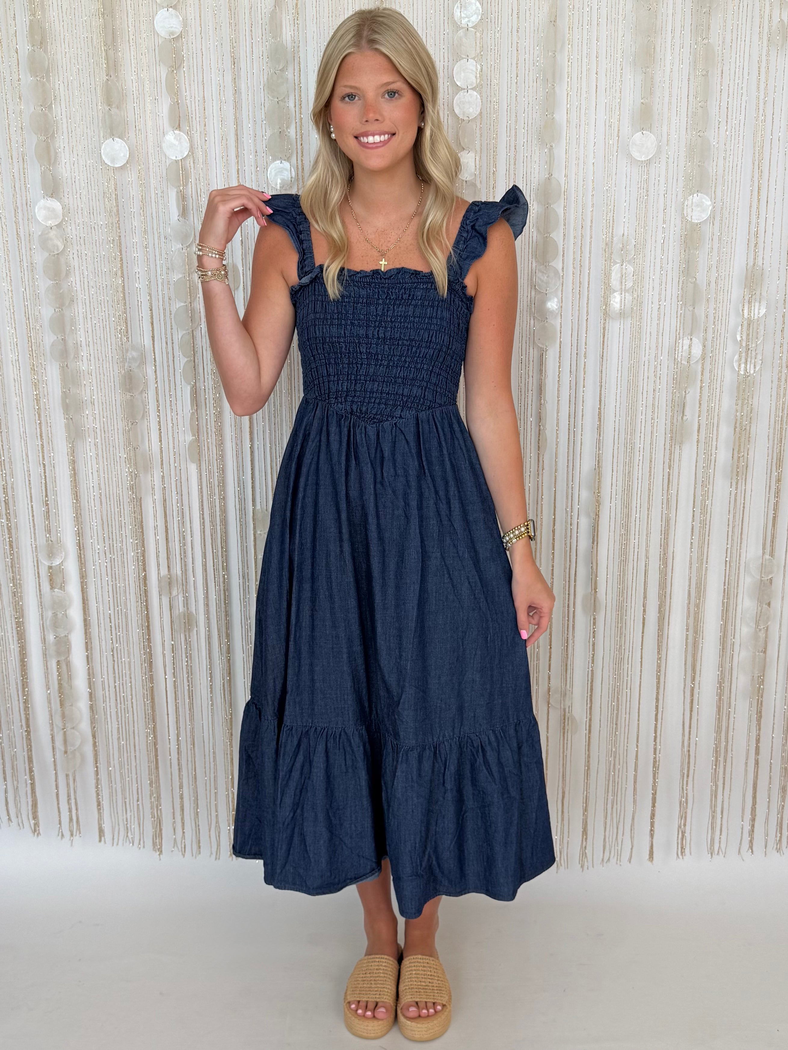 BLU Dark Denim Ruffle Strap Smocked Midi Dress-Shop-Womens-Boutique-Clothing