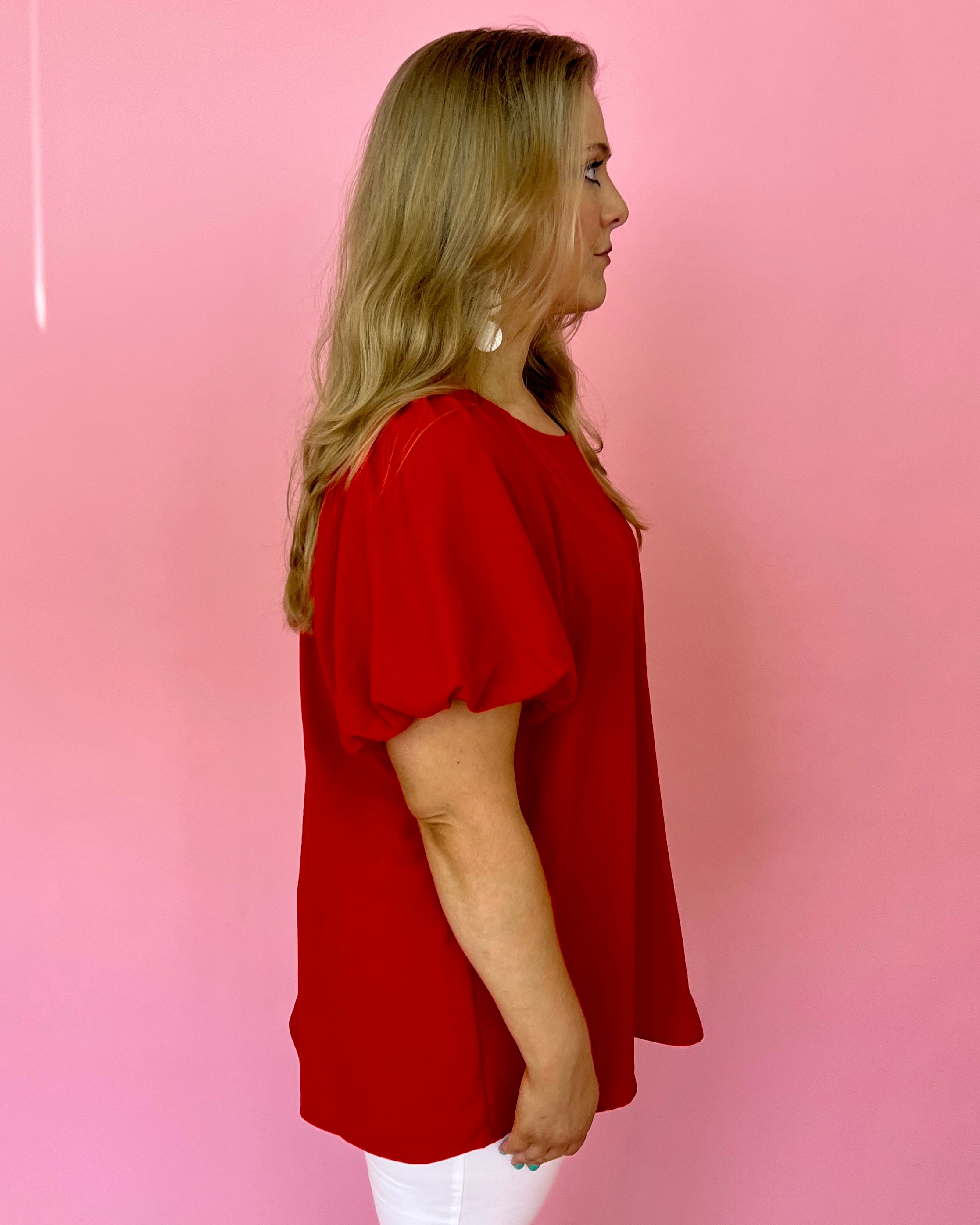 My Dearest Darling Tomato Red Plus Puff Sleeve Round Neck Top-Shop-Womens-Boutique-Clothing