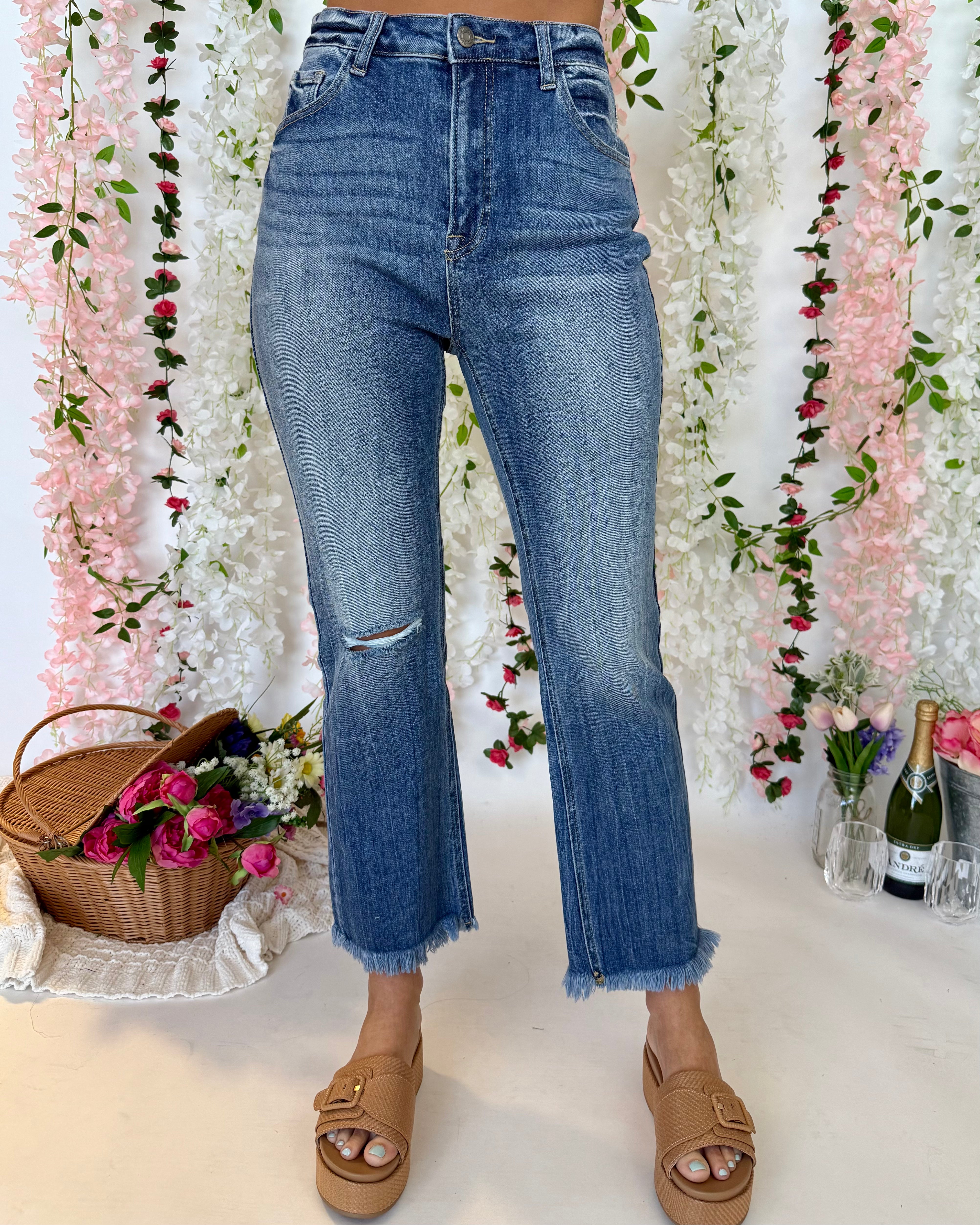 Give Alittle Medium Denim Straight Frayed Jean-Shop-Womens-Boutique-Clothing