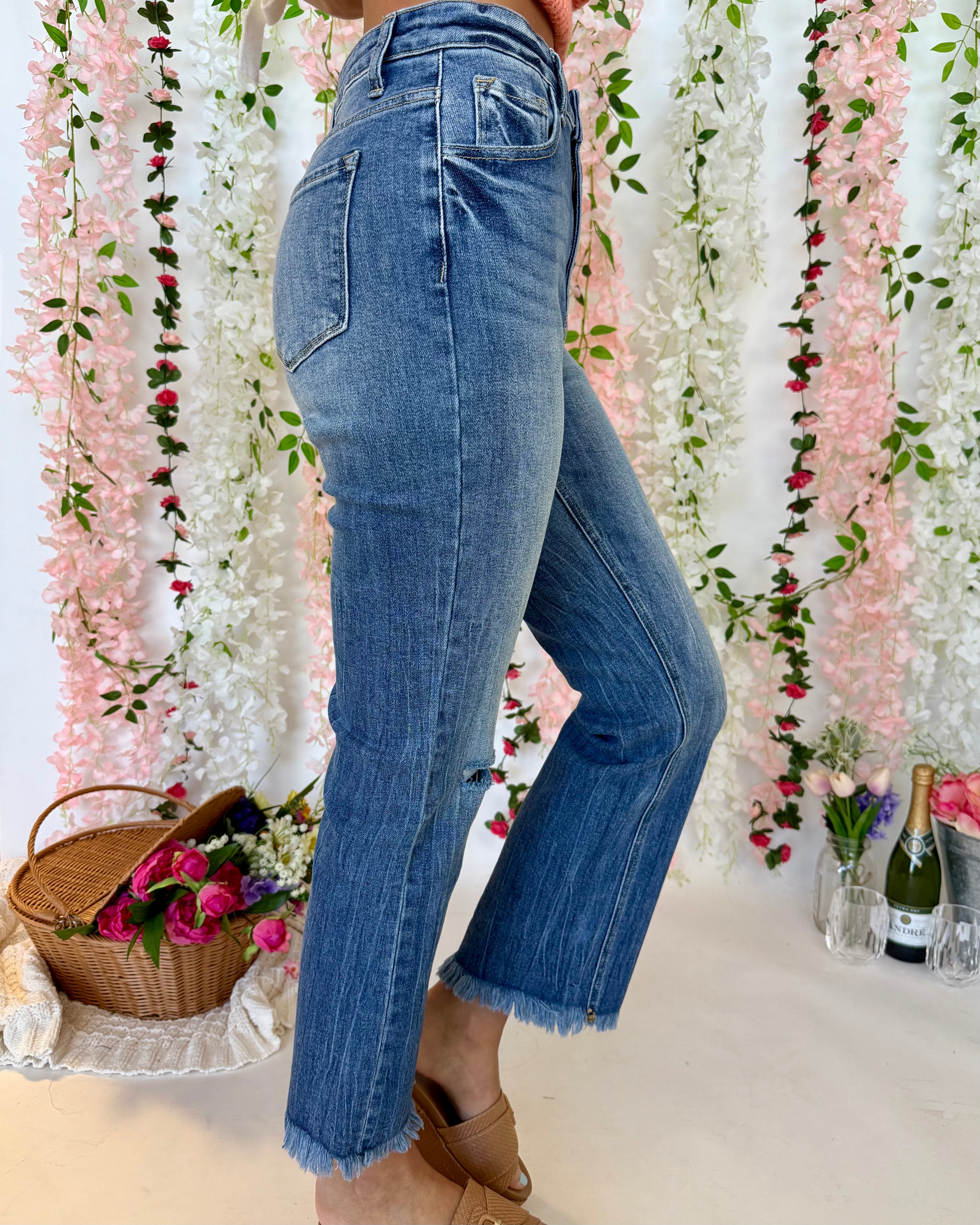 Give Alittle Medium Denim Straight Frayed Jean-Shop-Womens-Boutique-Clothing