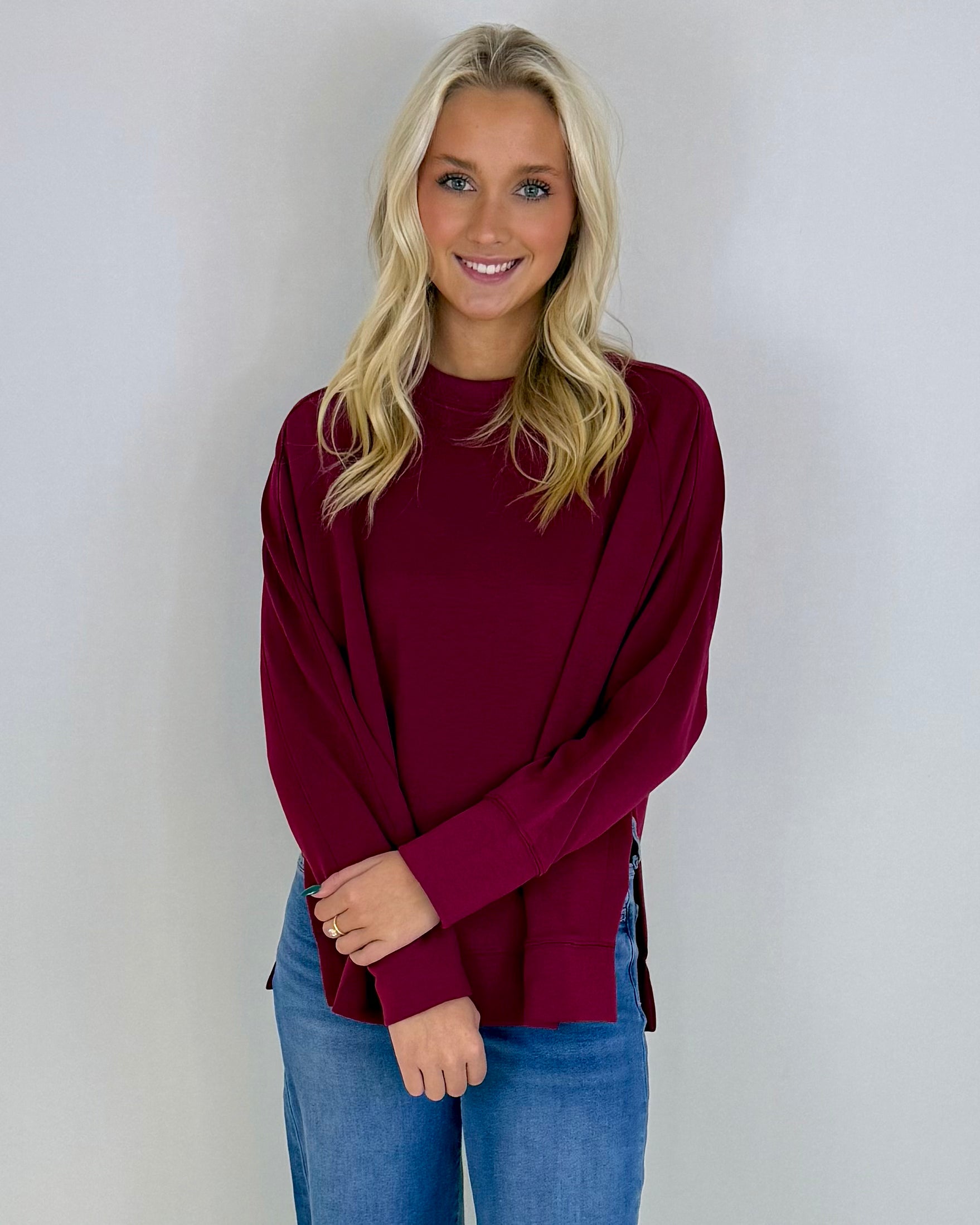 Chill Vibe Cabernet Scuba Side Slit Sweatshirt-Shop-Womens-Boutique-Clothing