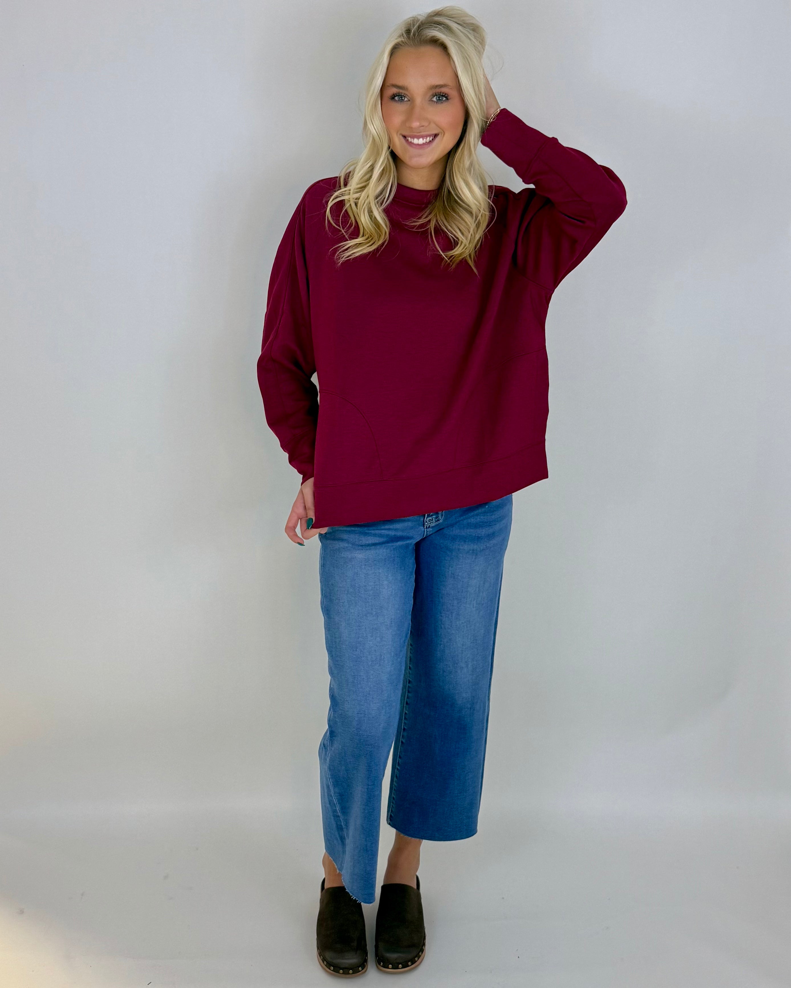Chill Vibe Cabernet Scuba Side Slit Sweatshirt-Shop-Womens-Boutique-Clothing