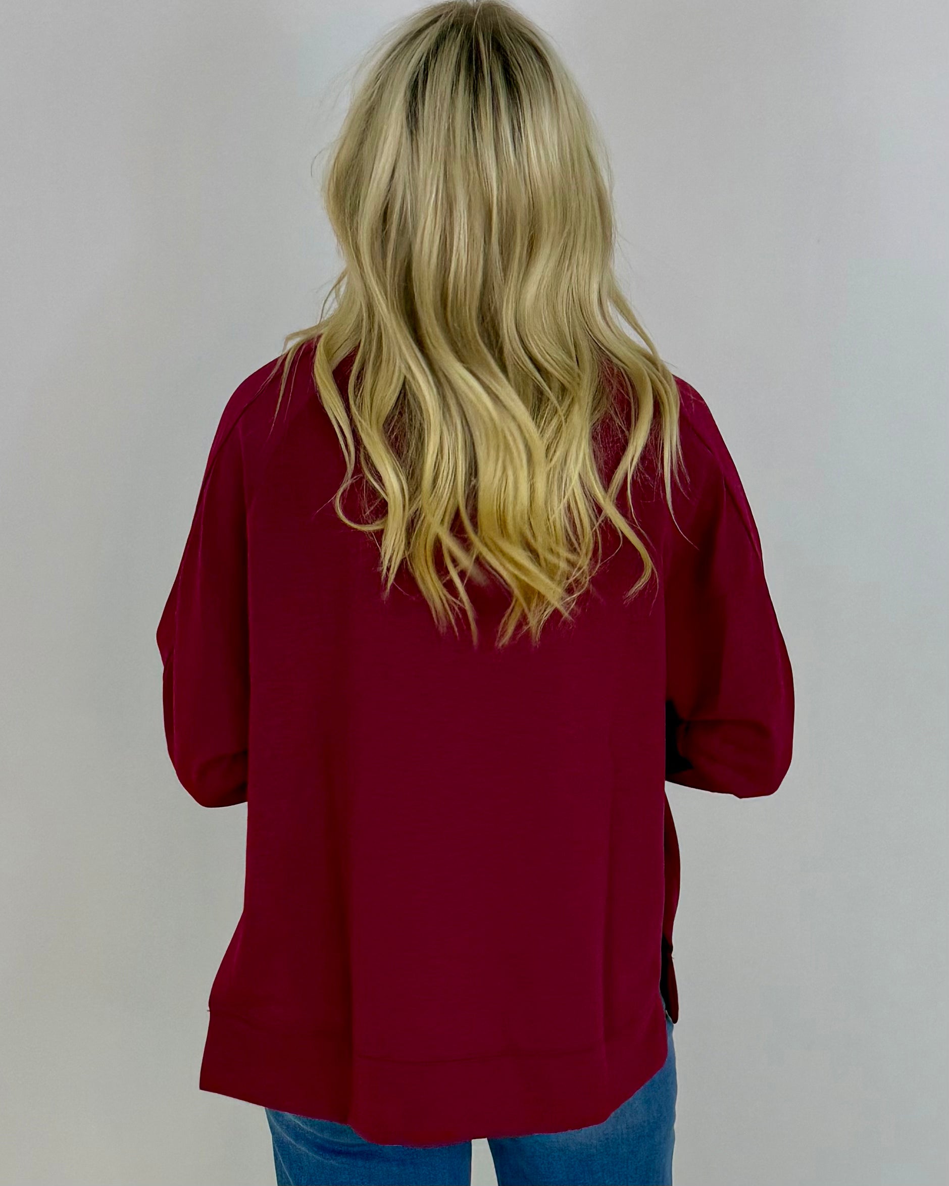 Chill Vibe Cabernet Scuba Side Slit Sweatshirt-Shop-Womens-Boutique-Clothing