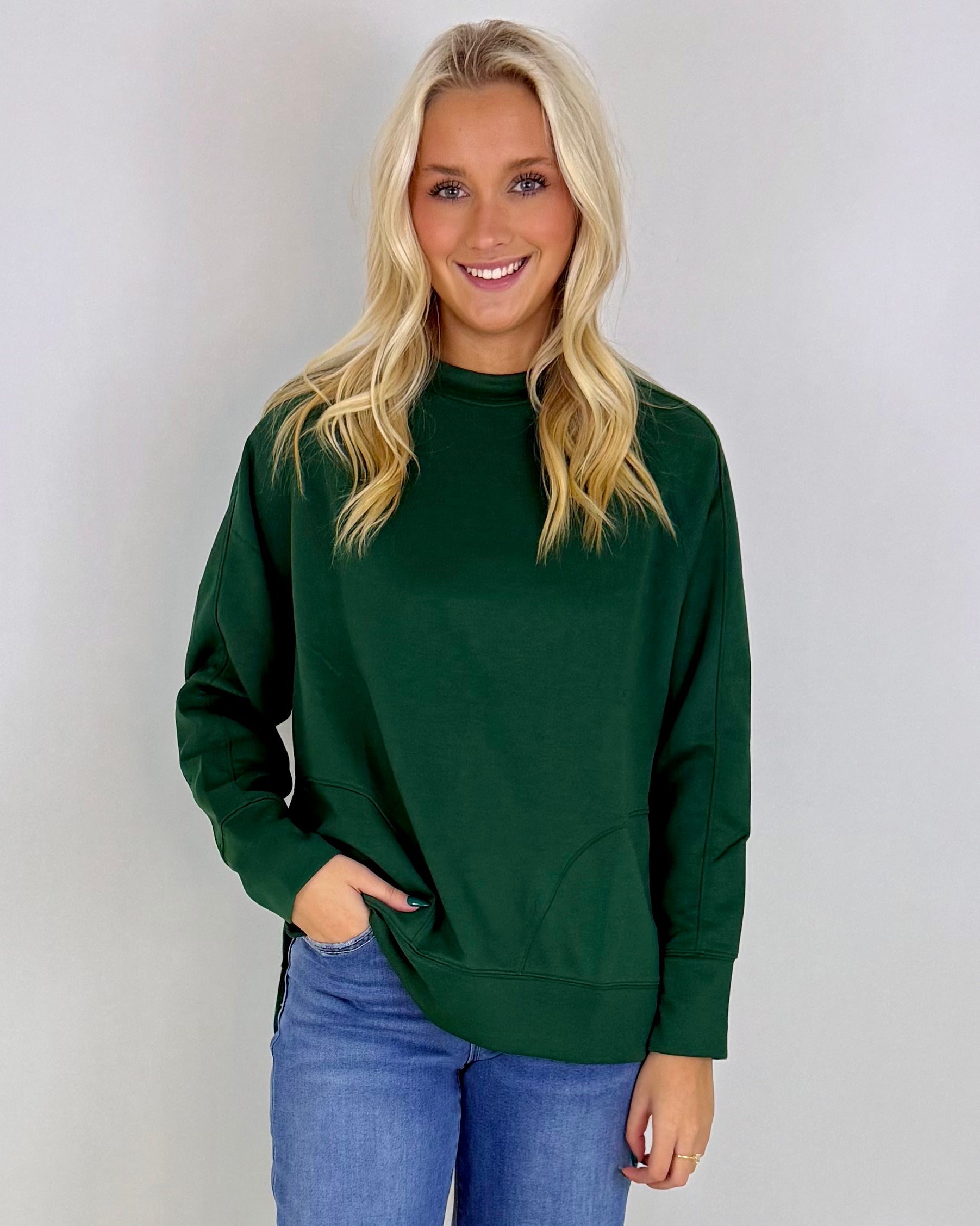 Chill Vibe Dk Green Scuba Side Slit Sweatshirt-Shop-Womens-Boutique-Clothing