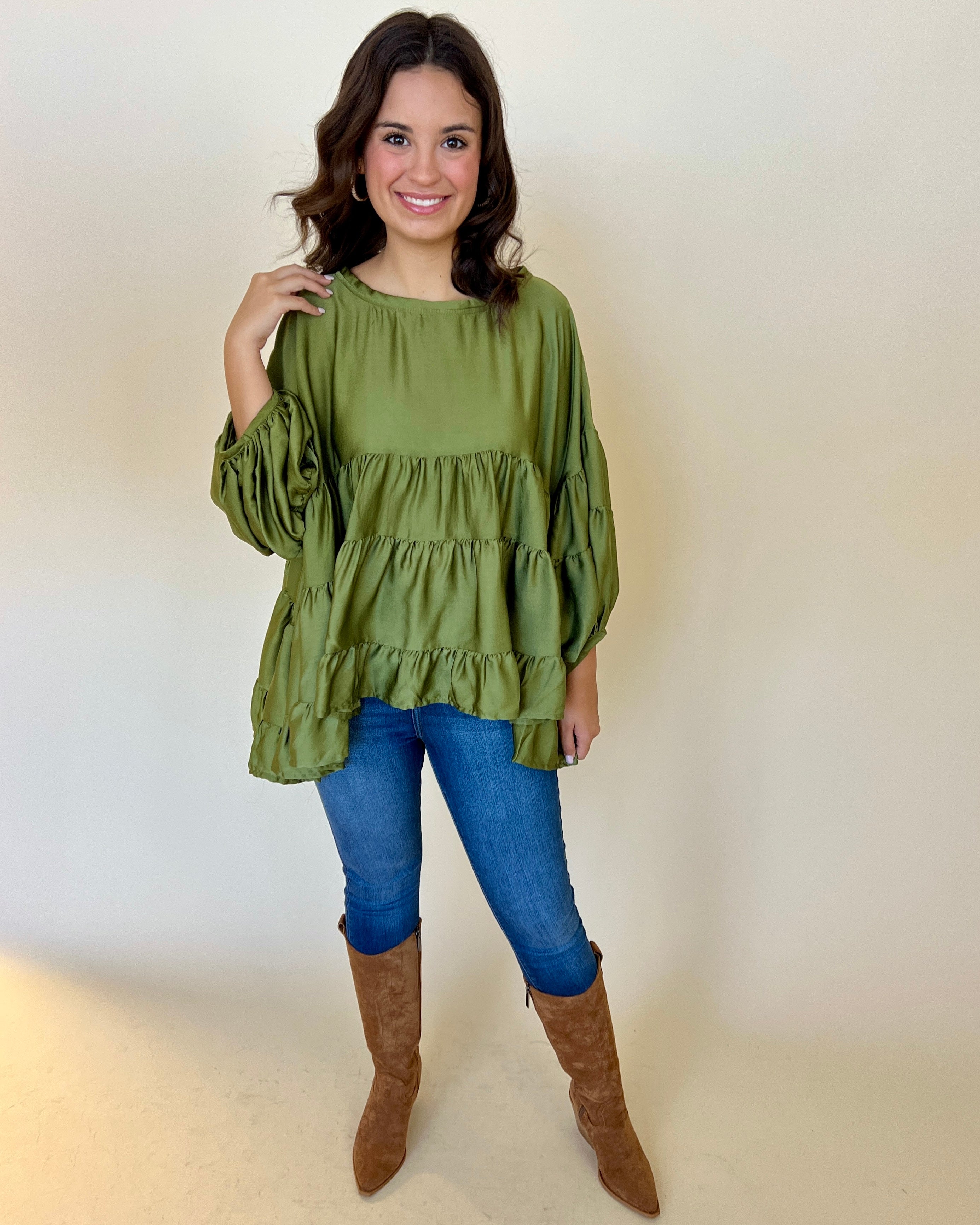Breezy Times Olive Satin Tiered Top-Shop-Womens-Boutique-Clothing