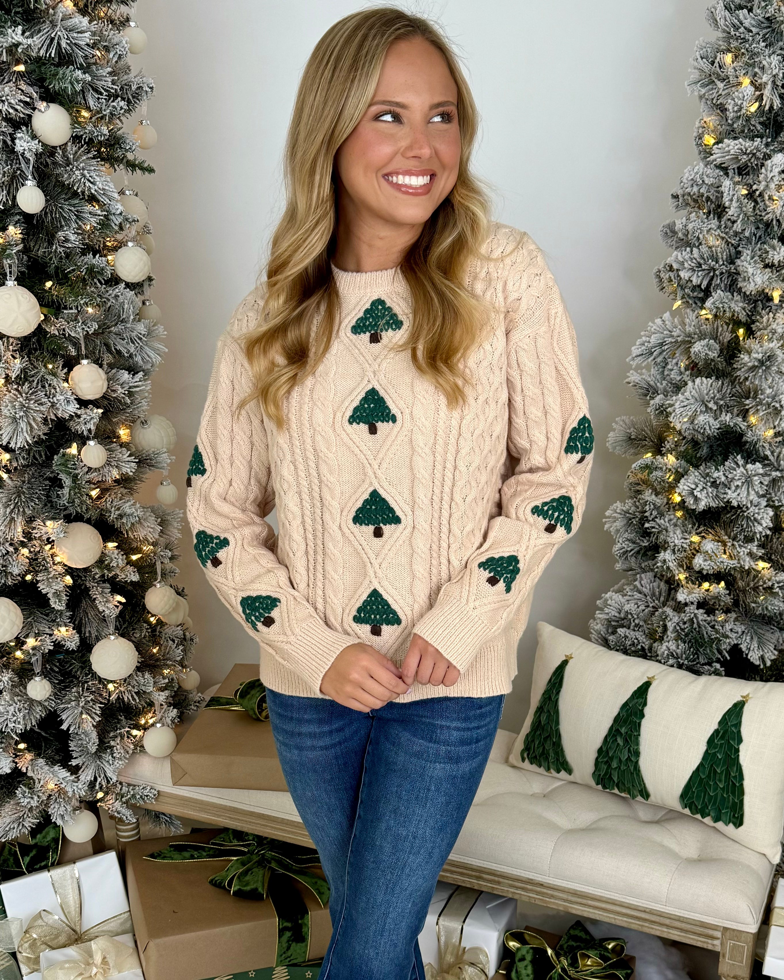 Under The Tree Oatmeal Knit Tree Sweater-Shop-Womens-Boutique-Clothing