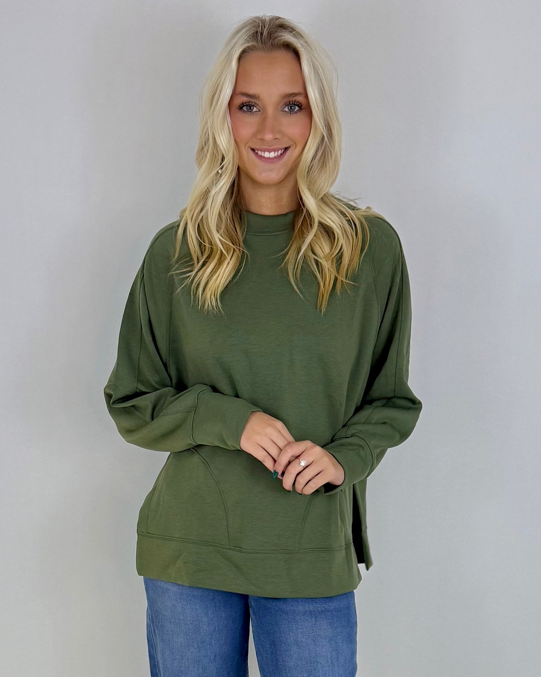 Chill Vibe Lt. Olive Scuba Side Slit Sweatshirt-Shop-Womens-Boutique-Clothing