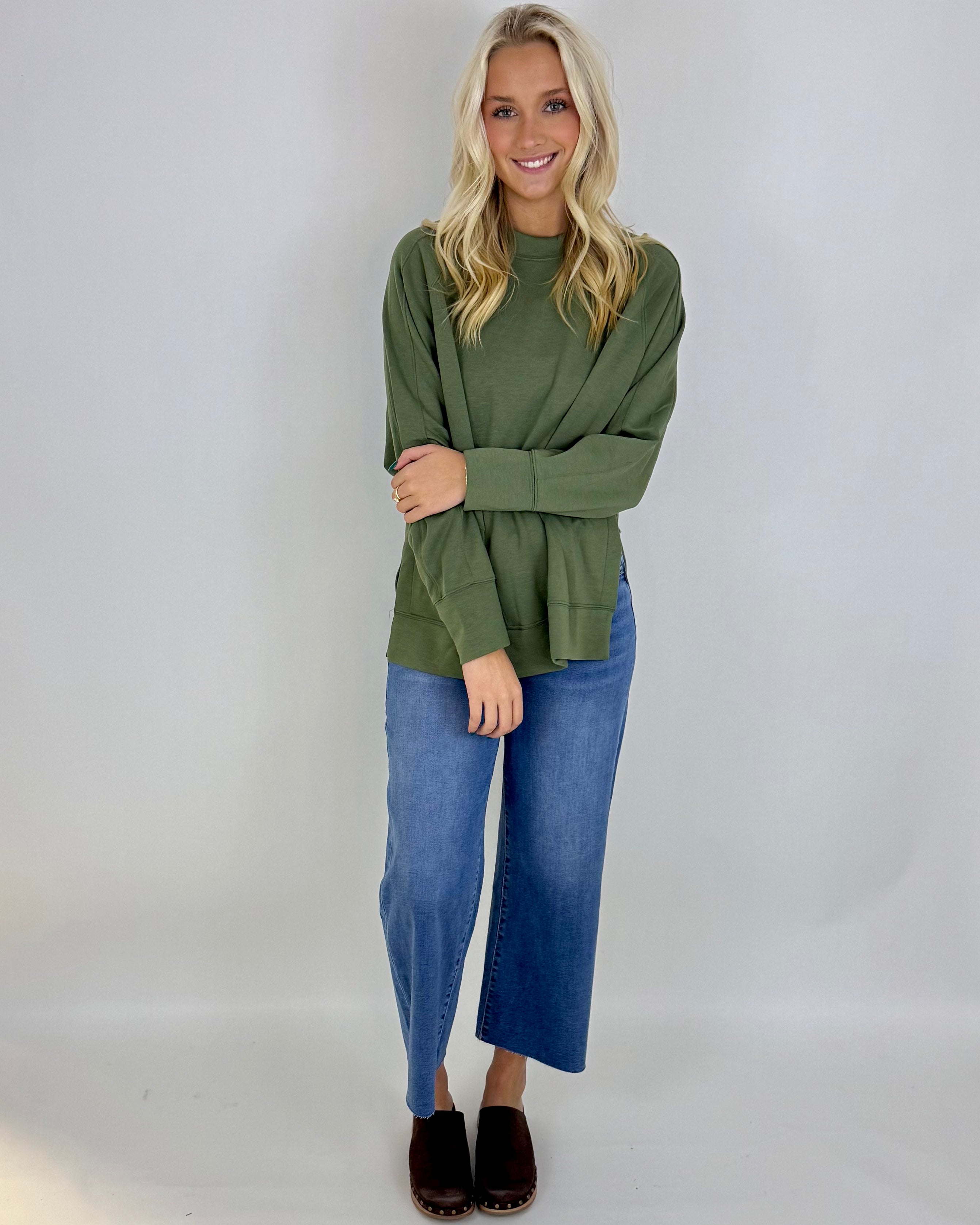 Chill Vibe Lt. Olive Scuba Side Slit Sweatshirt-Shop-Womens-Boutique-Clothing