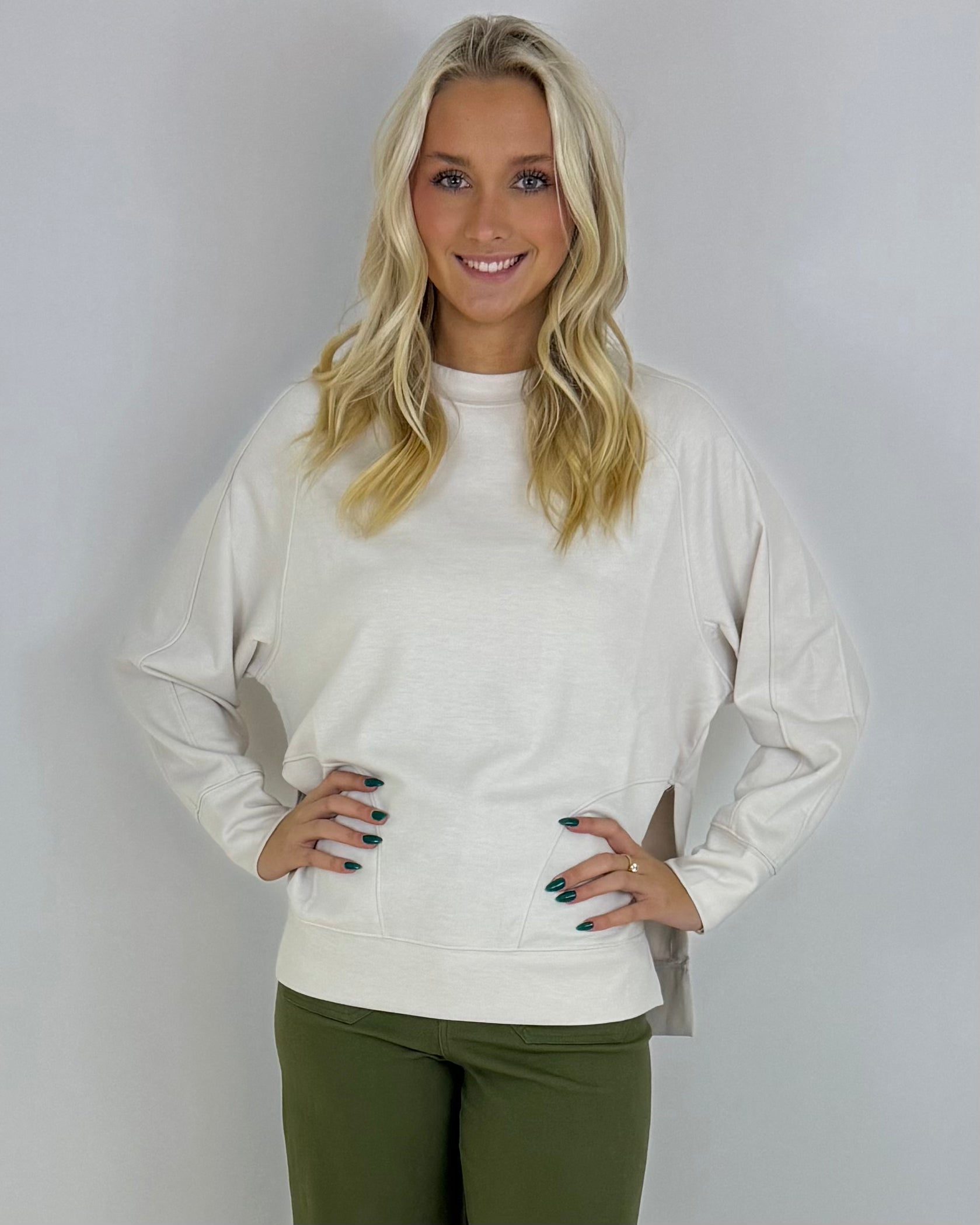 Chill Vibe Sand Beige Scuba Side Slit Sweatshirt-Shop-Womens-Boutique-Clothing