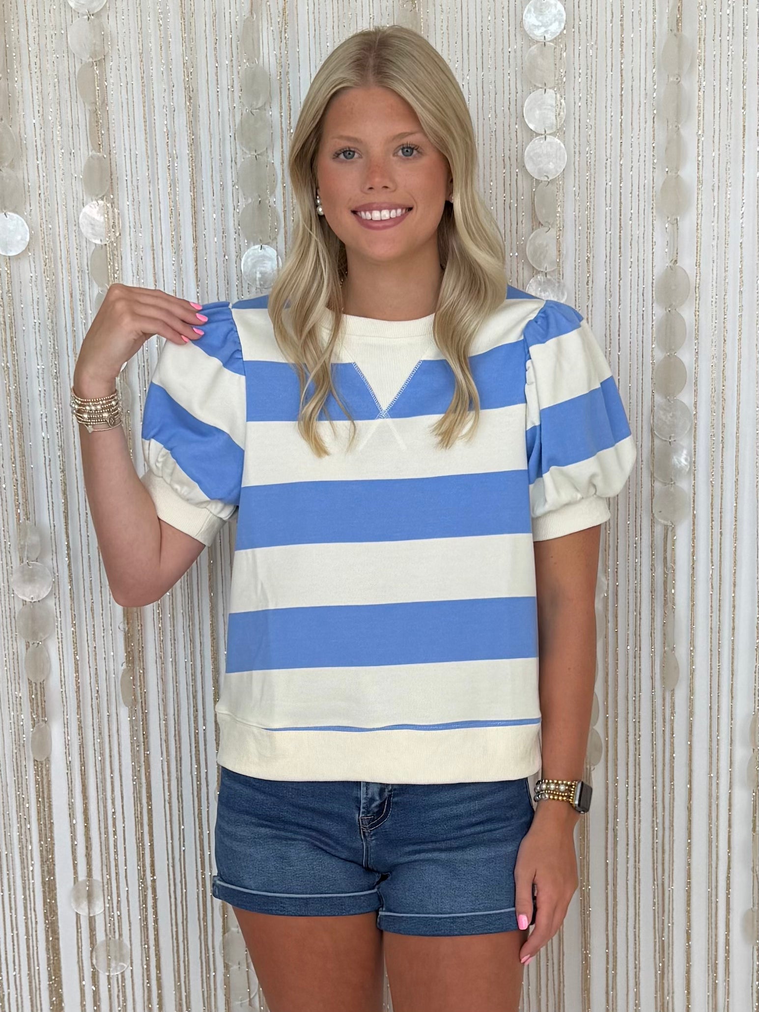 Lakehouse Muse Cream/Blue Stripe French Terry Top-Shop-Womens-Boutique-Clothing