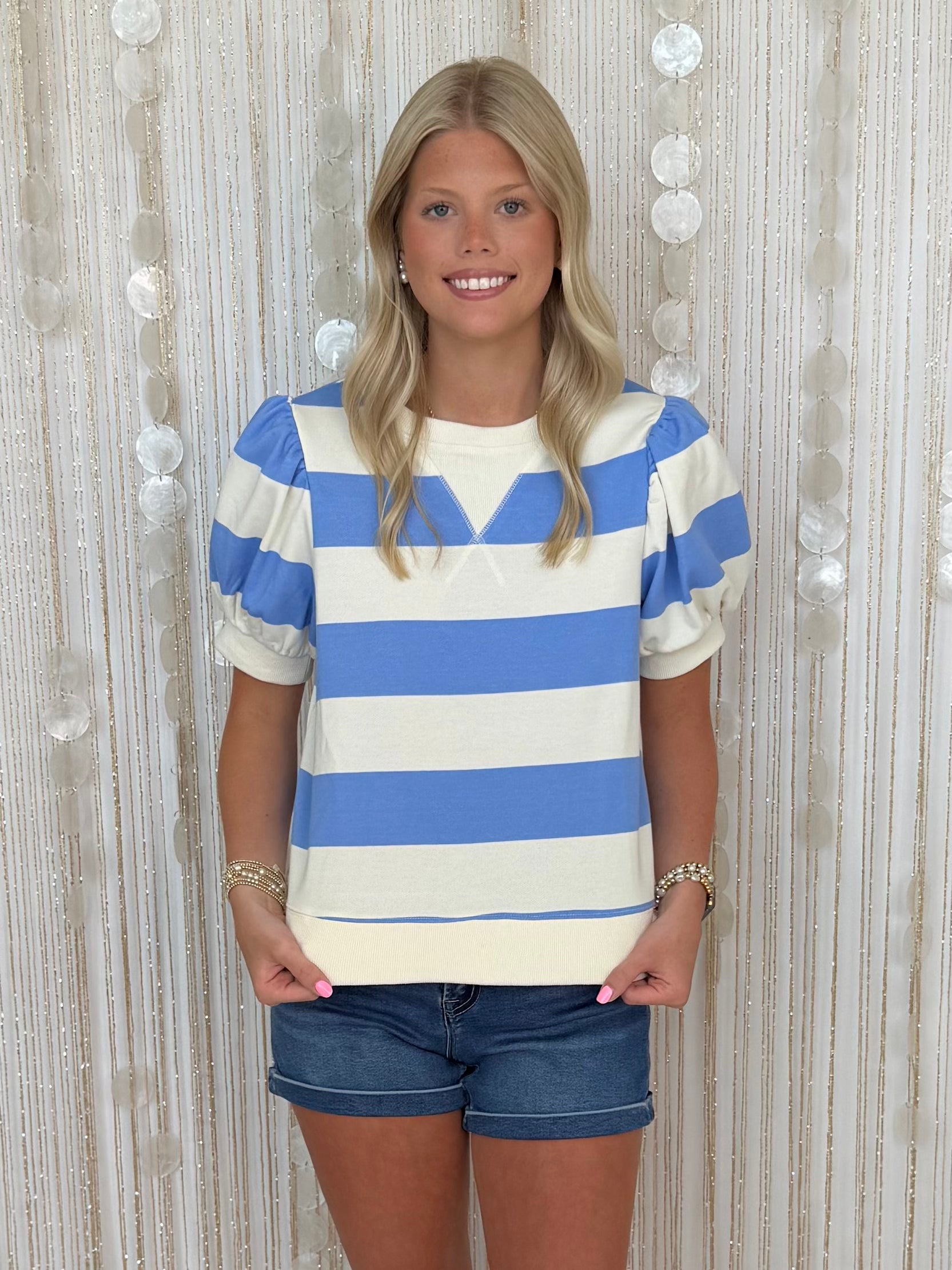 Lakehouse Muse Cream/Blue Stripe French Terry Top-Shop-Womens-Boutique-Clothing