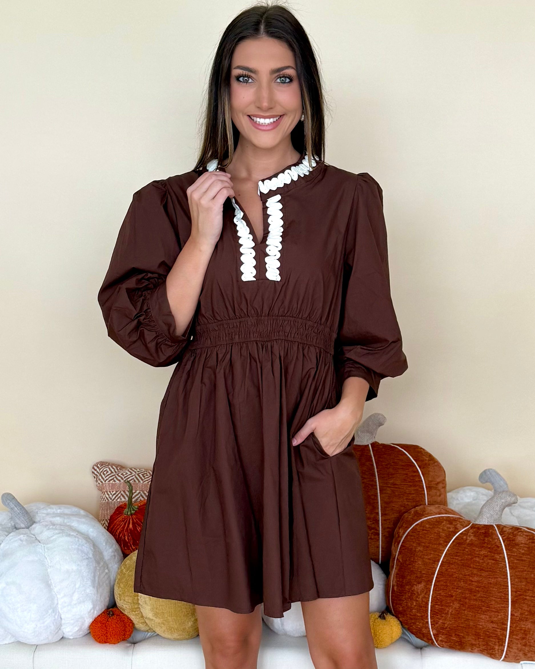 Not Too Late Brown Trim Accent Dress-Shop-Womens-Boutique-Clothing