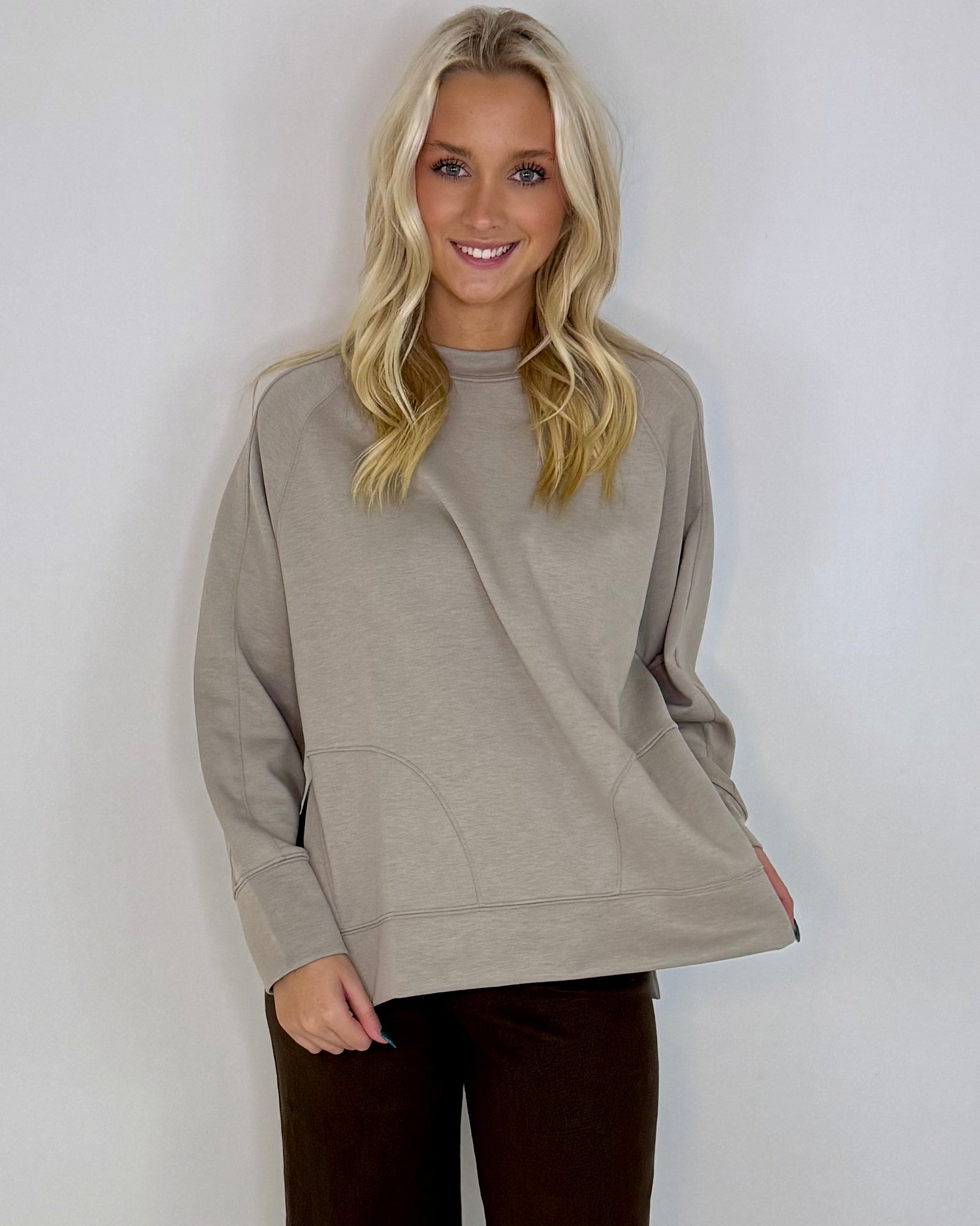Chill Vibe Ash Mocha Scuba Side Slit Sweatshirt-Shop-Womens-Boutique-Clothing