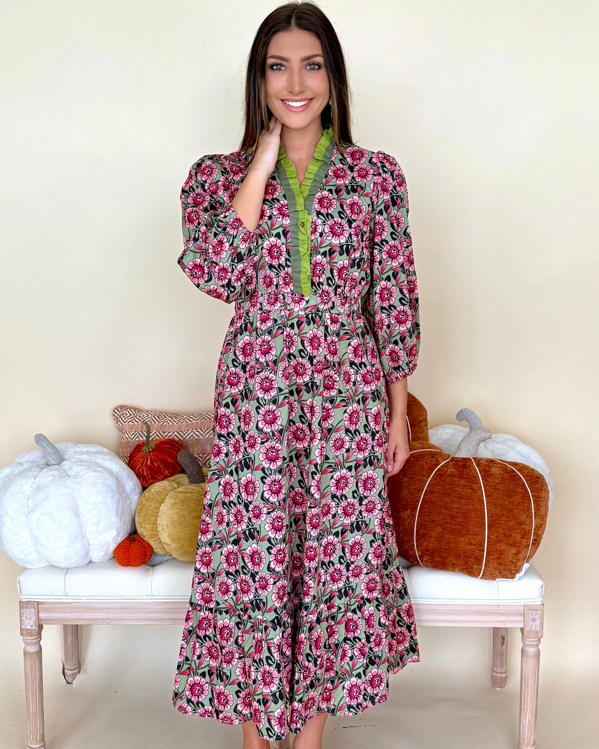 Every Step Sage Mix Floral Ruffle Midi Dress-Shop-Womens-Boutique-Clothing