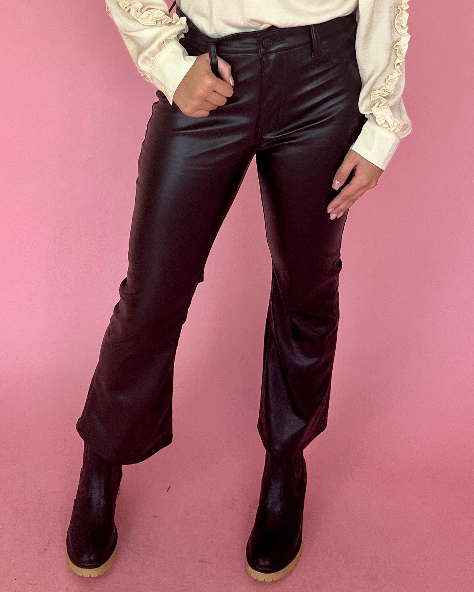 On Your Way Black Faux Leather High Rise Crop Flare Jeans-Shop-Womens-Boutique-Clothing