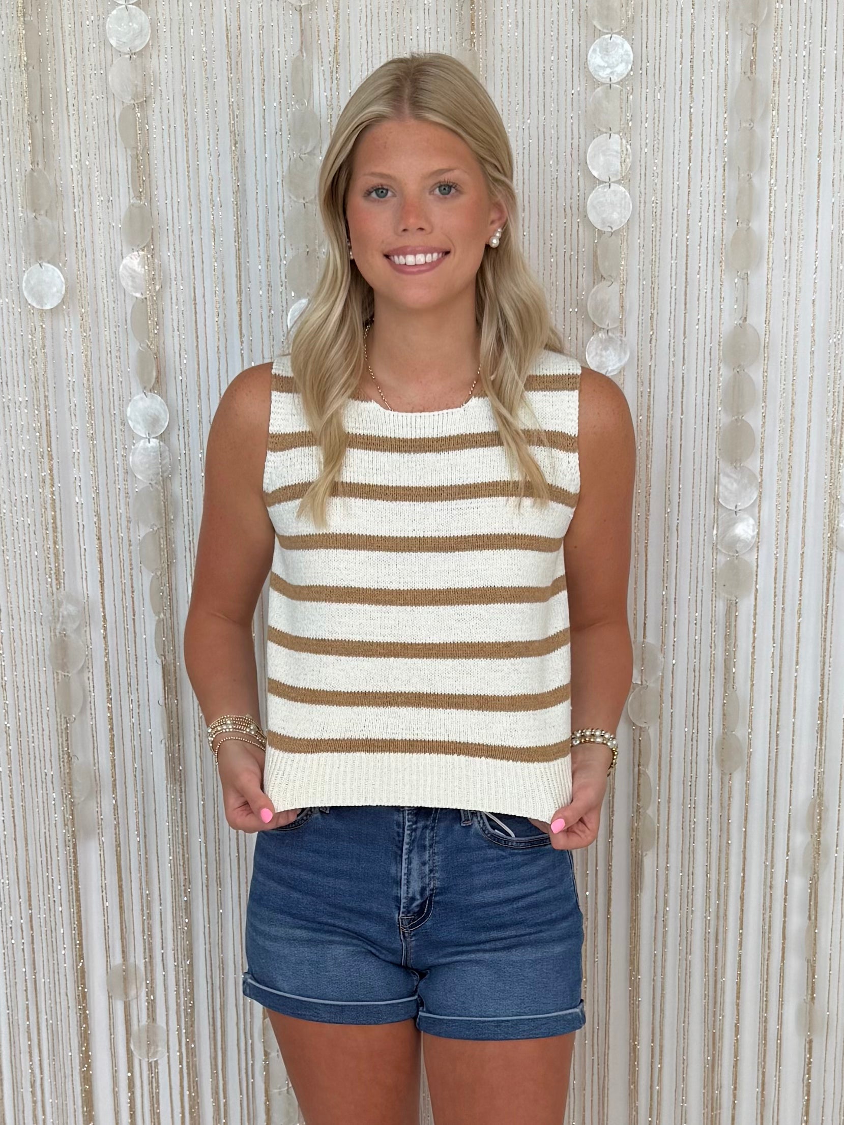Quiet Storm Light Khaki Stripe Sleeveless Sweater-Shop-Womens-Boutique-Clothing