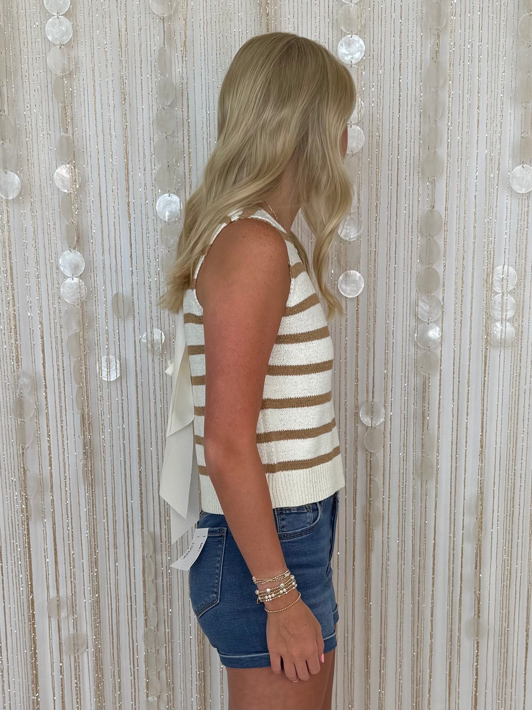 Quiet Storm Light Khaki Stripe Sleeveless Sweater-Shop-Womens-Boutique-Clothing