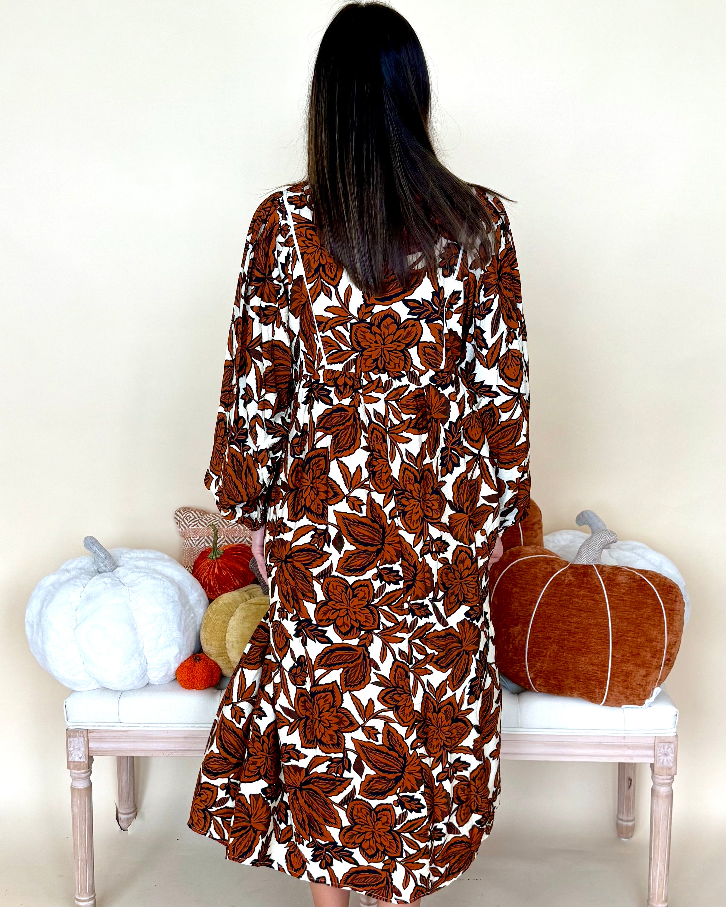 Beautifully Stated Brown Smocked Floral Midi Dress-Shop-Womens-Boutique-Clothing